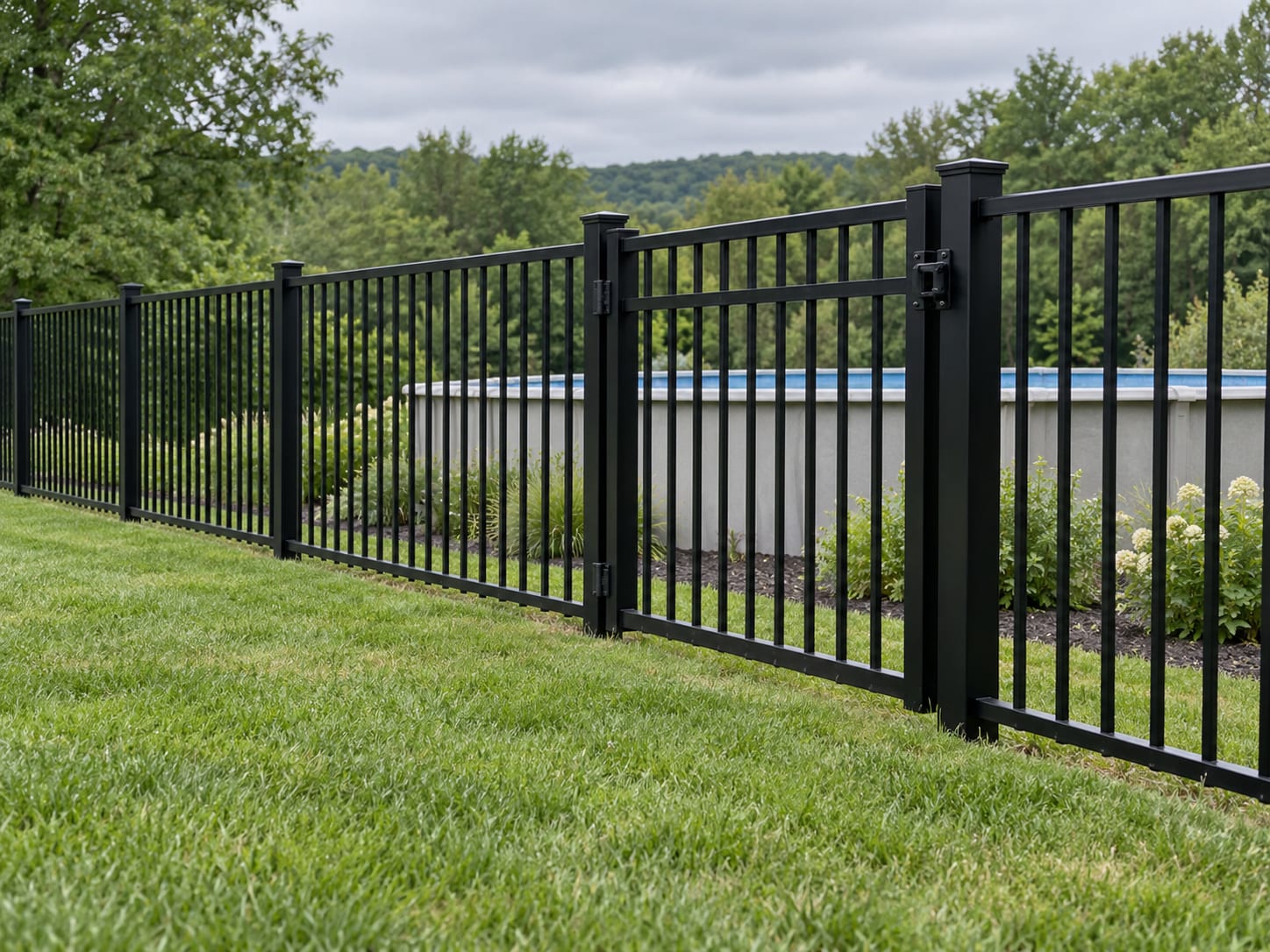 A black aluminum picket fence with a closed self-latching gate stands beside an above-ground pool on a level lawn in western Connecticut.