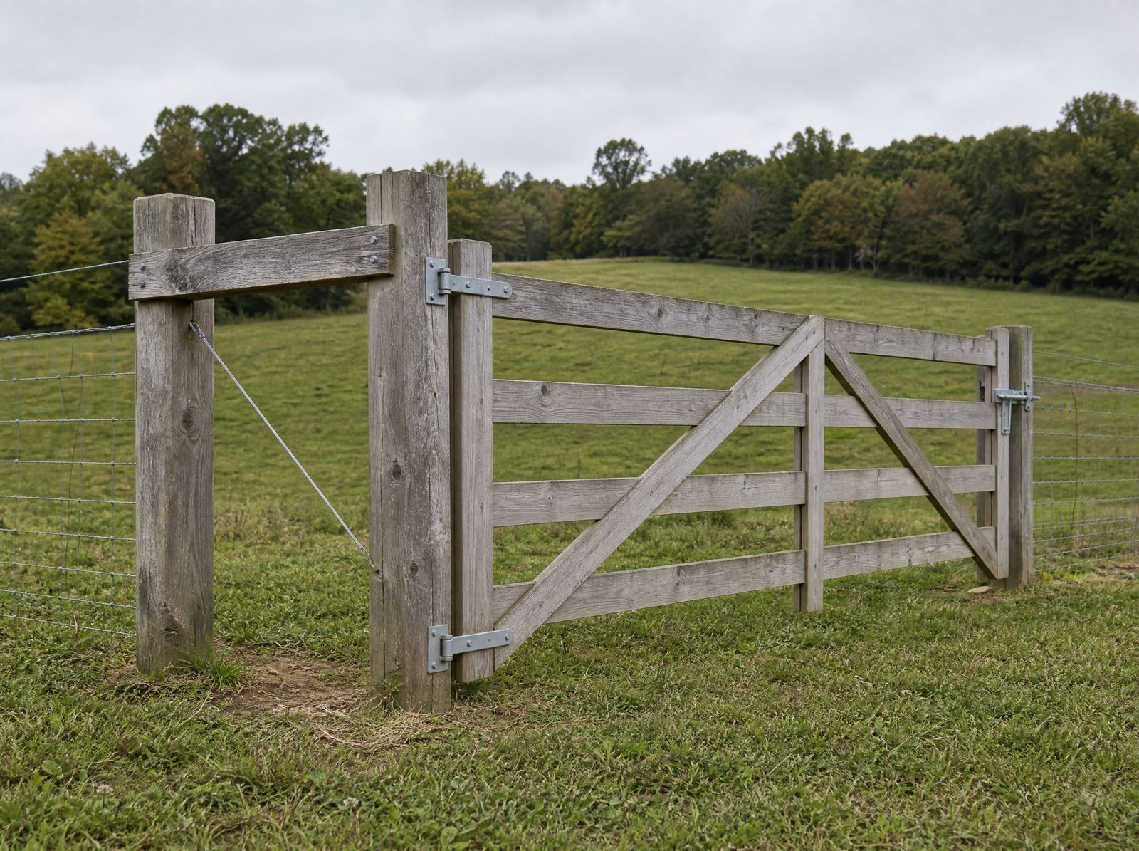 Wide closed wood farm gate on a braced H-brace corner assembly set on high ground at a Sherman pasture corner with no animals and no hands