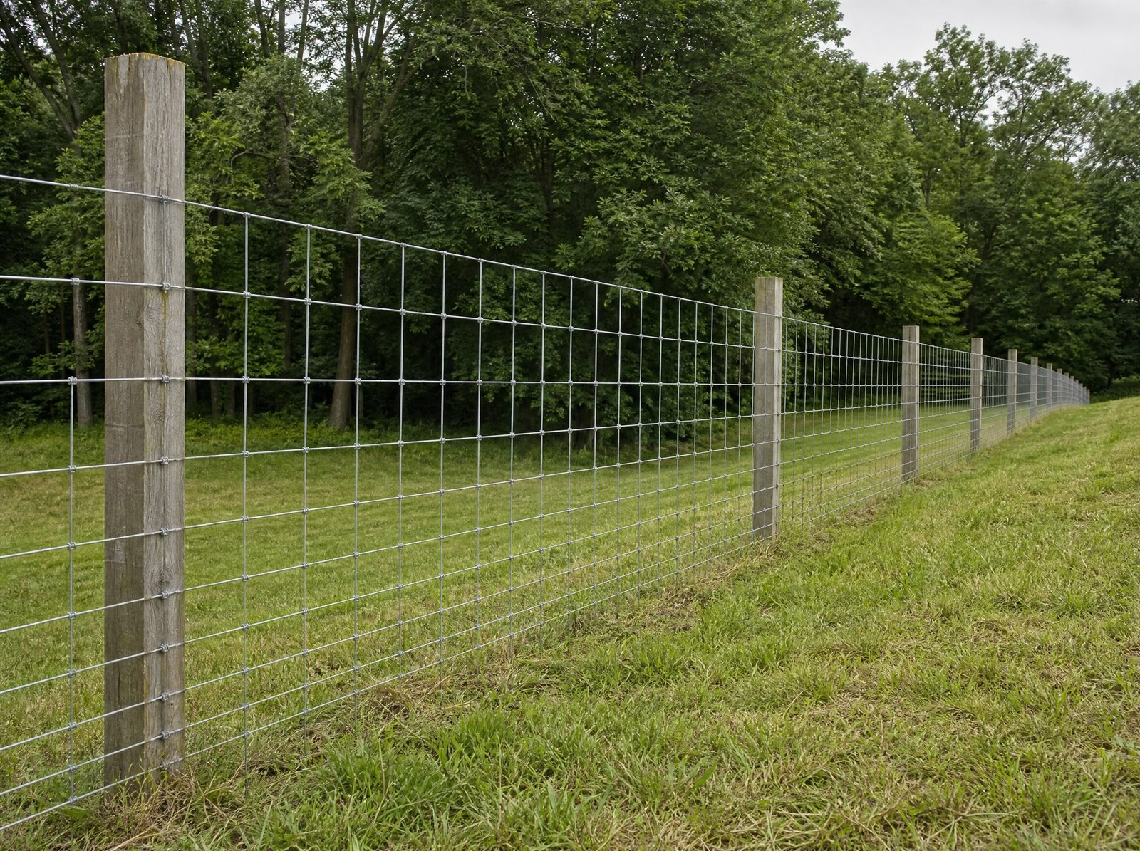 Four foot woven-wire farm fence with taut mesh and wood line posts running along a sloped Sherman pasture toward a wooded boundary with no animals