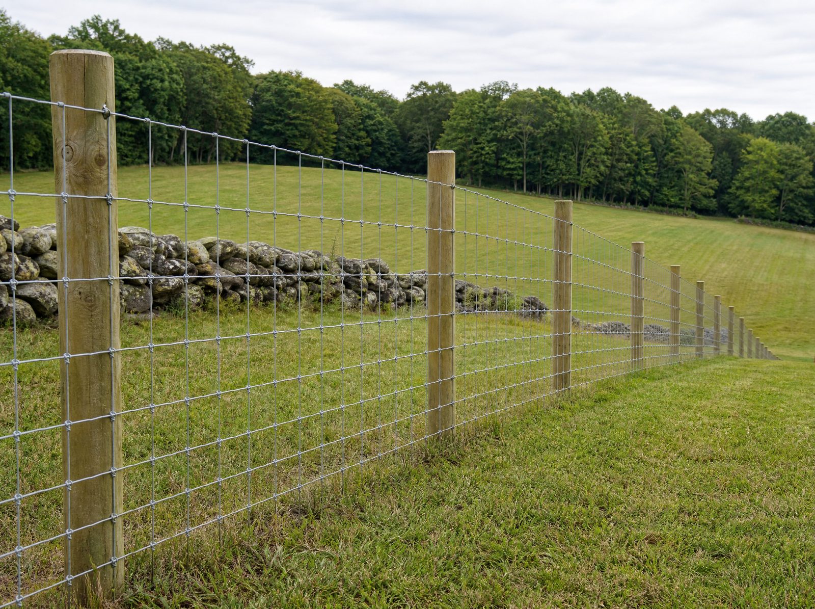 Four foot woven wire field fence running down a sloped Southbury pasture boundary, taut galvanized mesh on wood line posts holding a straight run over the grade