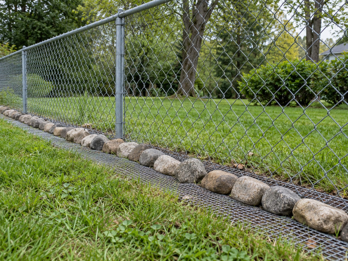 A galvanized chain link fence runs along a backyard with a strip of wire mesh laid flat along its base and held down with stones.