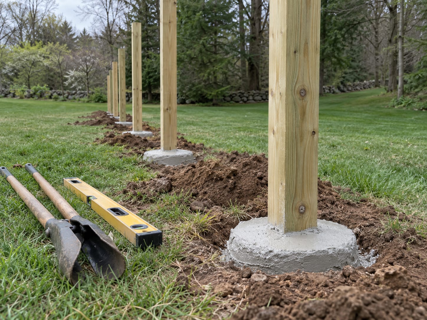 A line of newly set wood fence posts with fresh concrete collars stands on dry ground along the edge of a lawn in western Connecticut.