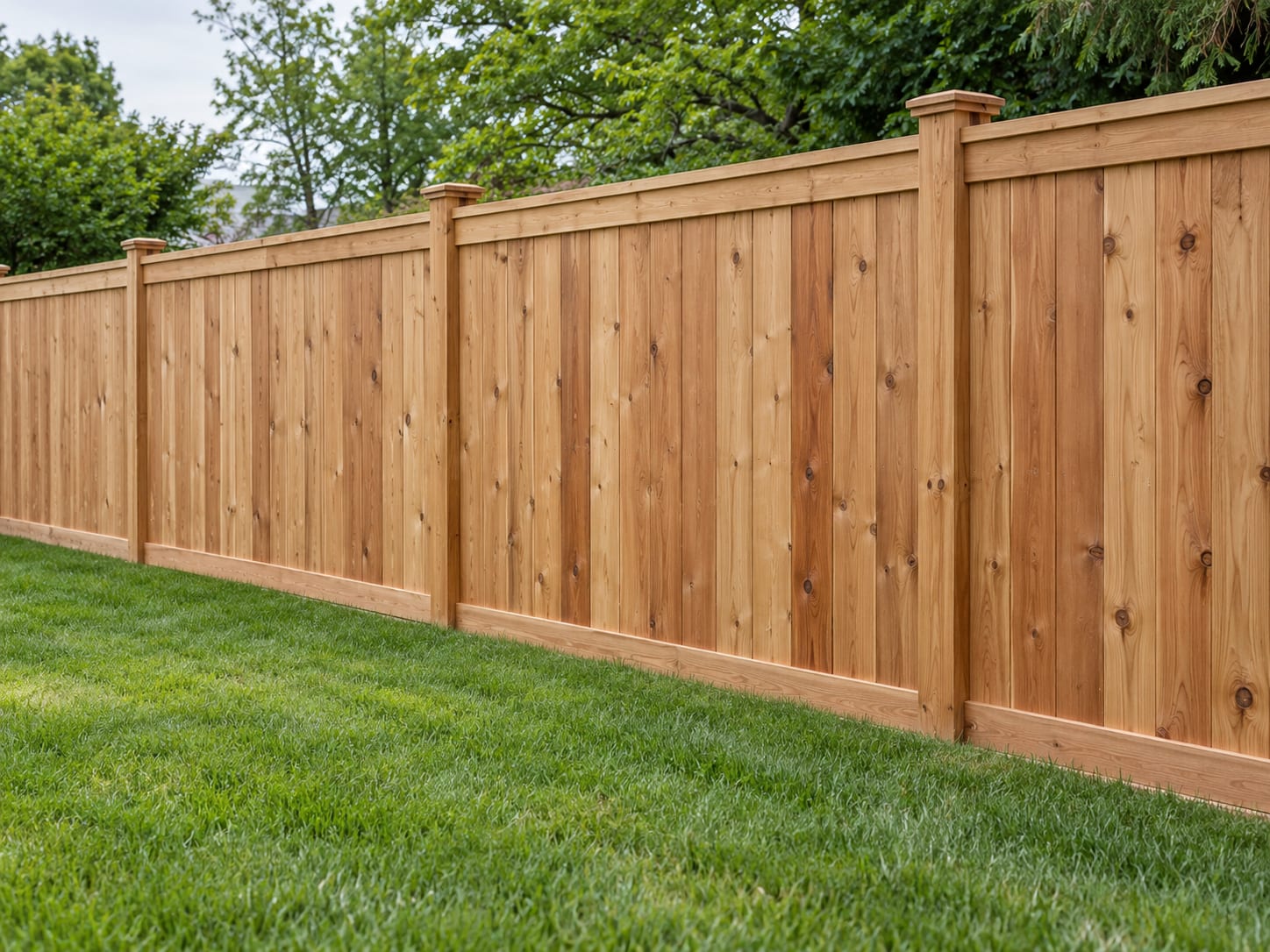A six-foot cedar privacy fence runs straight along the side of a suburban Connecticut yard beside a neatly mown lawn.