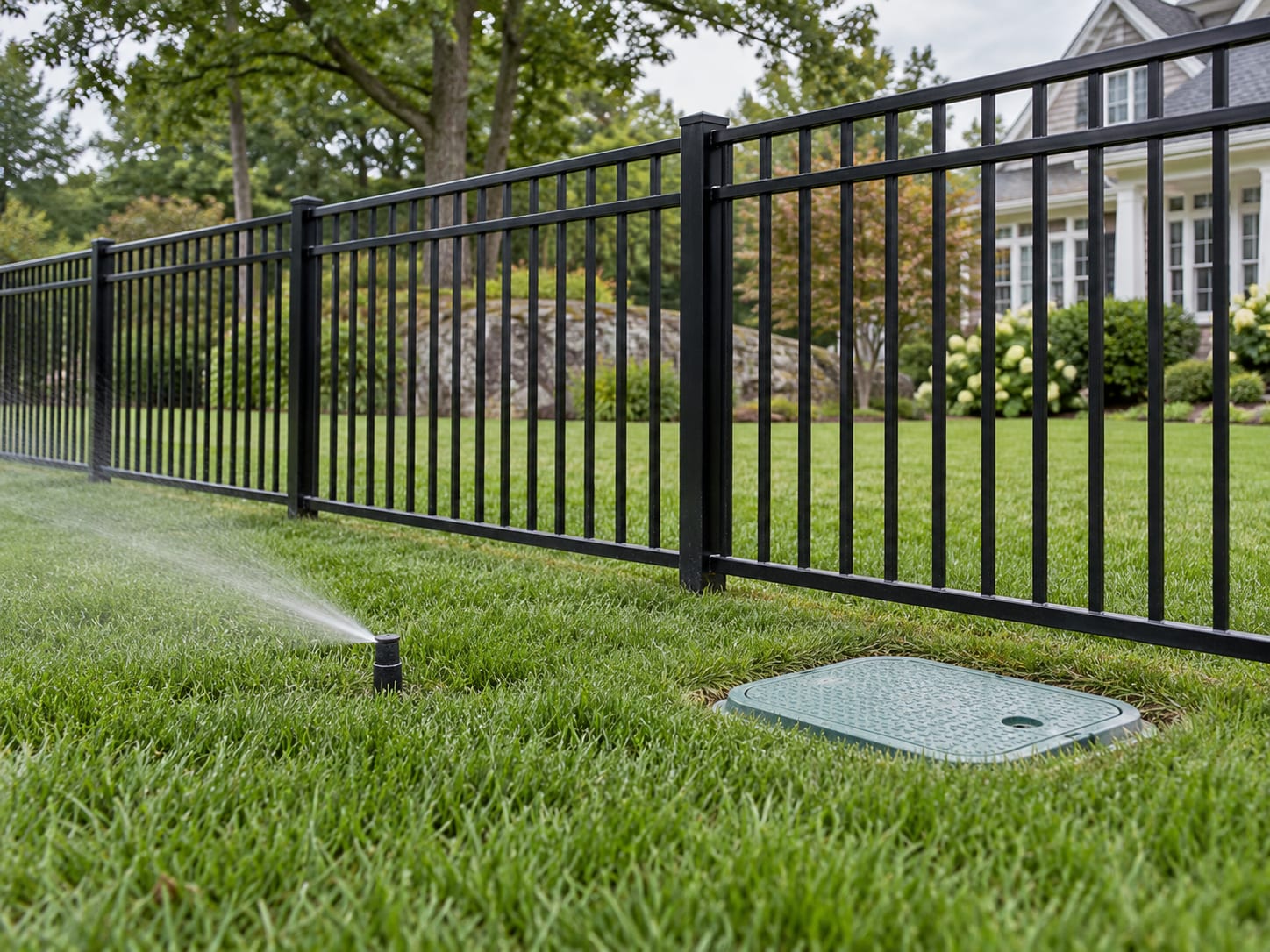 A black aluminum fence runs beside a lawn with a sprinkler head and an irrigation valve box close to the fence line in western Connecticut.