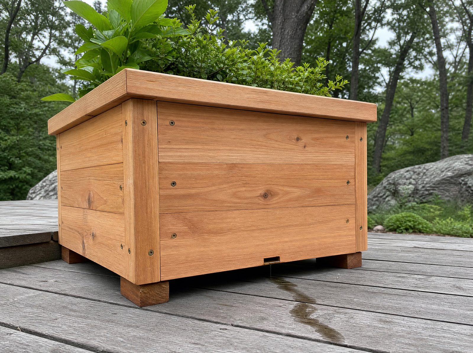 Bottomed cedar patio planter box raised on low drainage feet beside a deck, showing the air gap and runoff path under the box