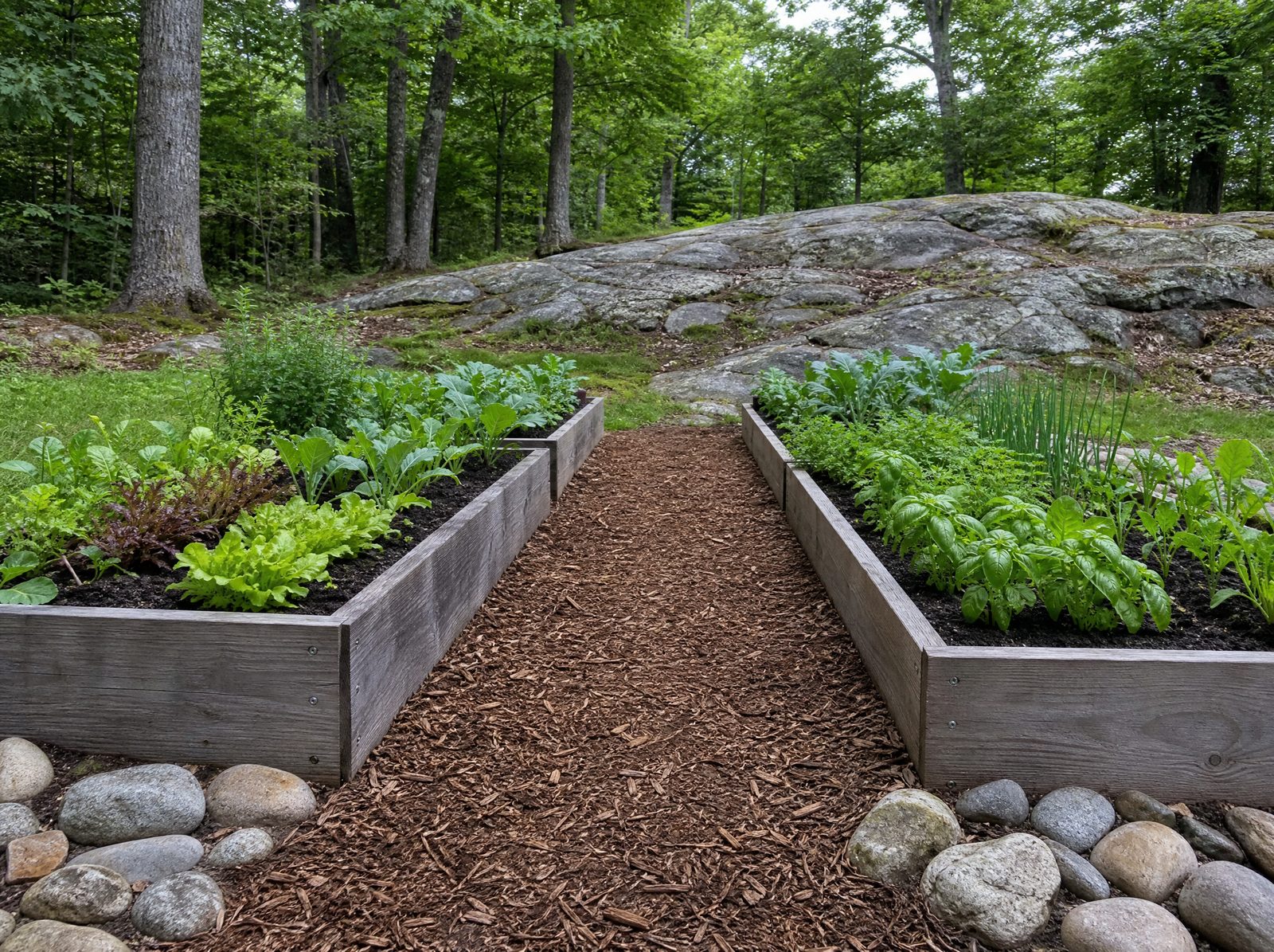 Two open-bottom raised cedar garden beds on a rocky wooded lot with a clear mulched path running between them