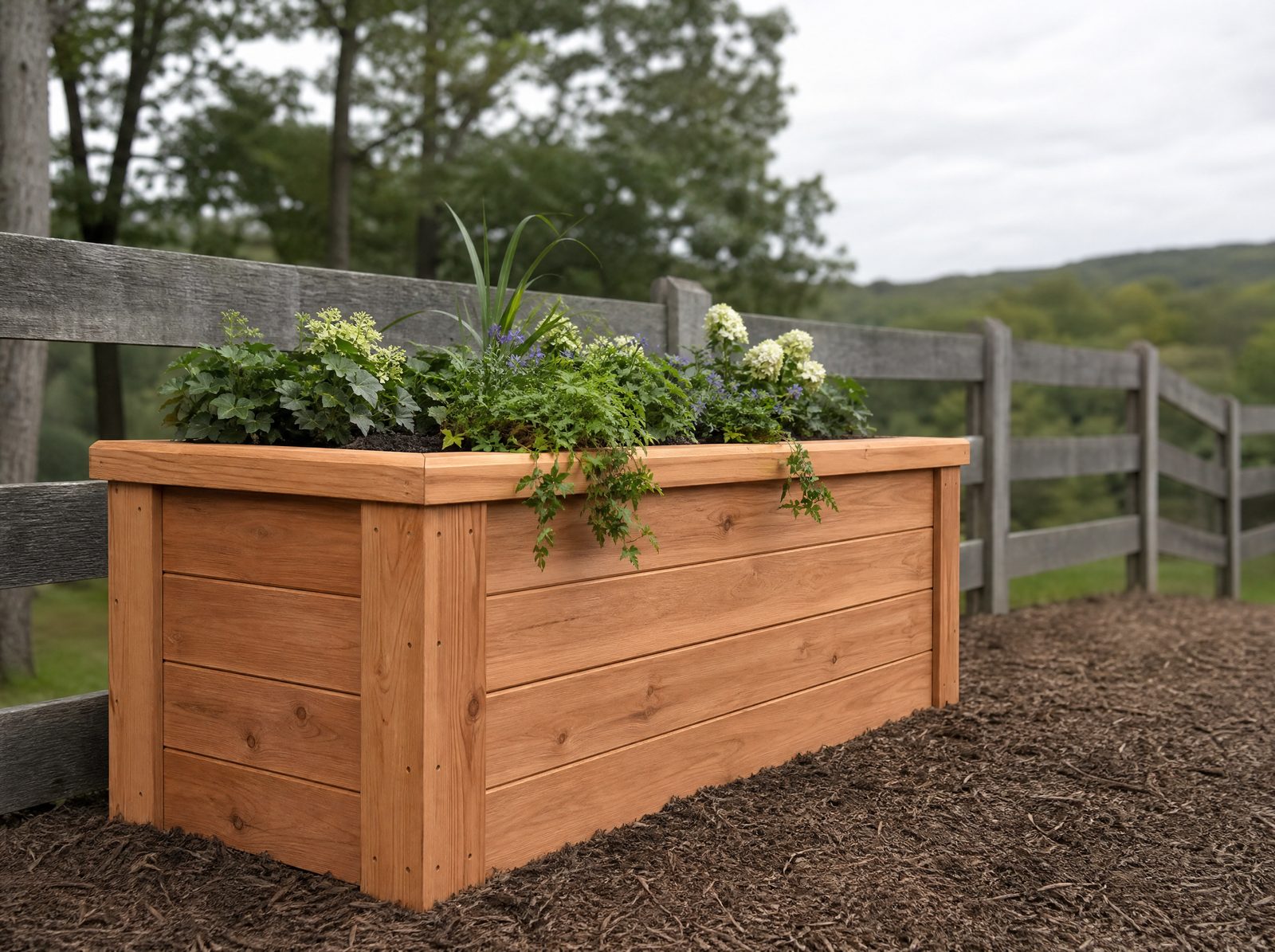 Custom cedar planter box built beside a wood fence line on a Sherman property, clean joinery and a capped top edge, planted