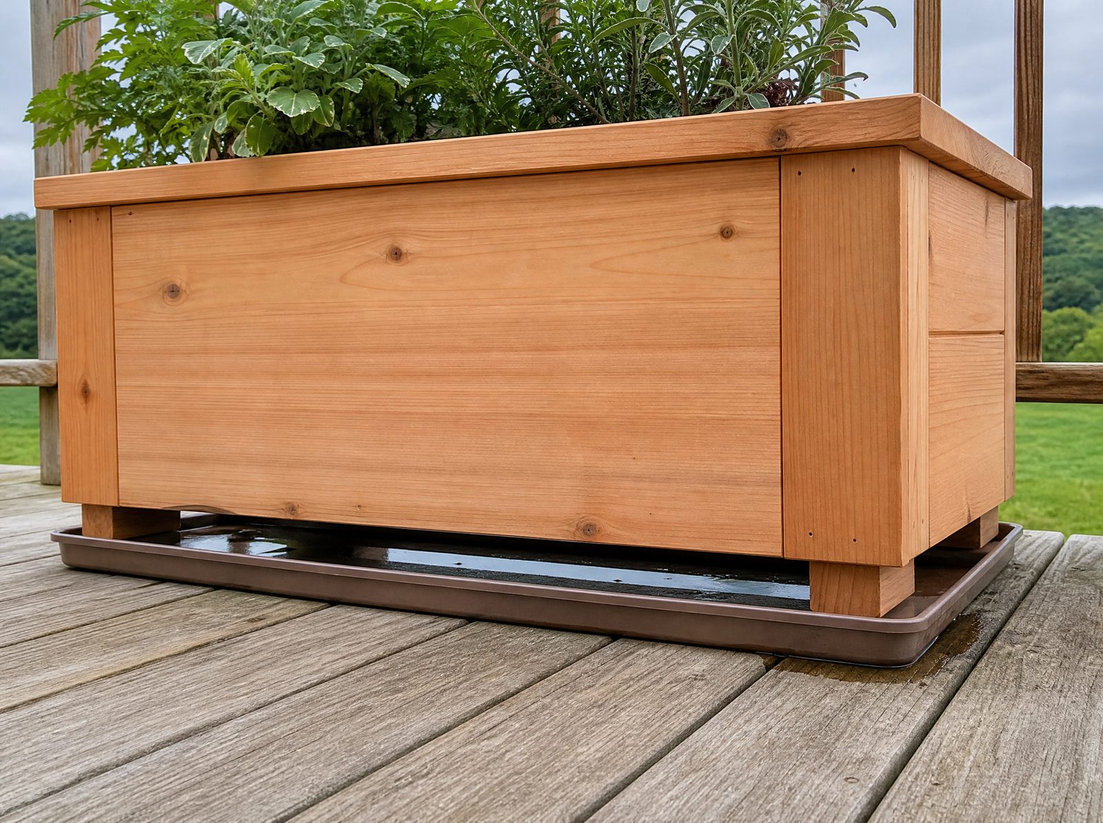 Natural cedar patio planter raised on low spacers over a shallow drainage tray on a Southbury deck, showing the air gap beneath and the tray catching runoff