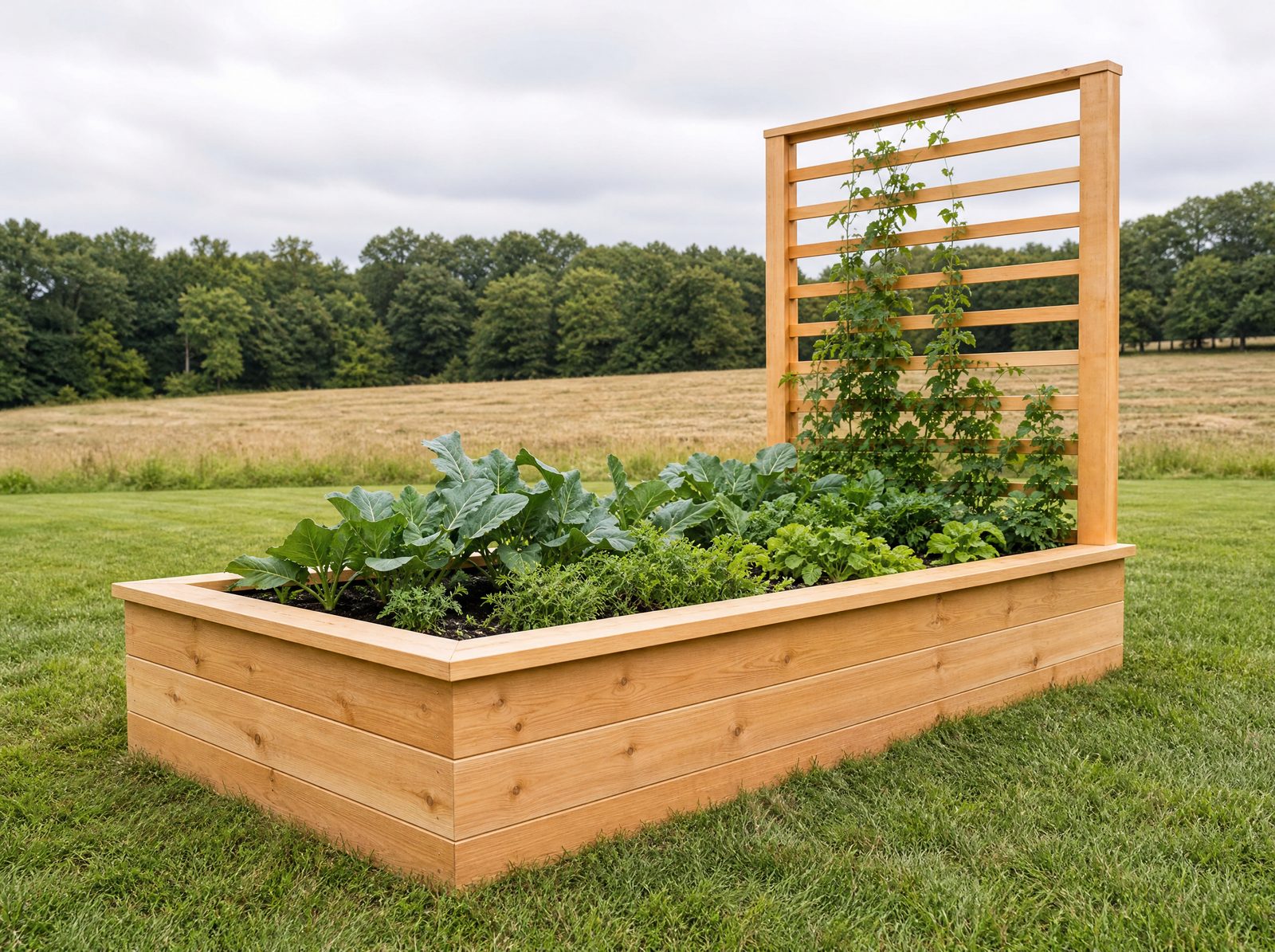 Natural honey-toned cedar raised garden bed on a Southbury lawn with a cedar trellis rising from one end, planted with vegetables and climbing greenery