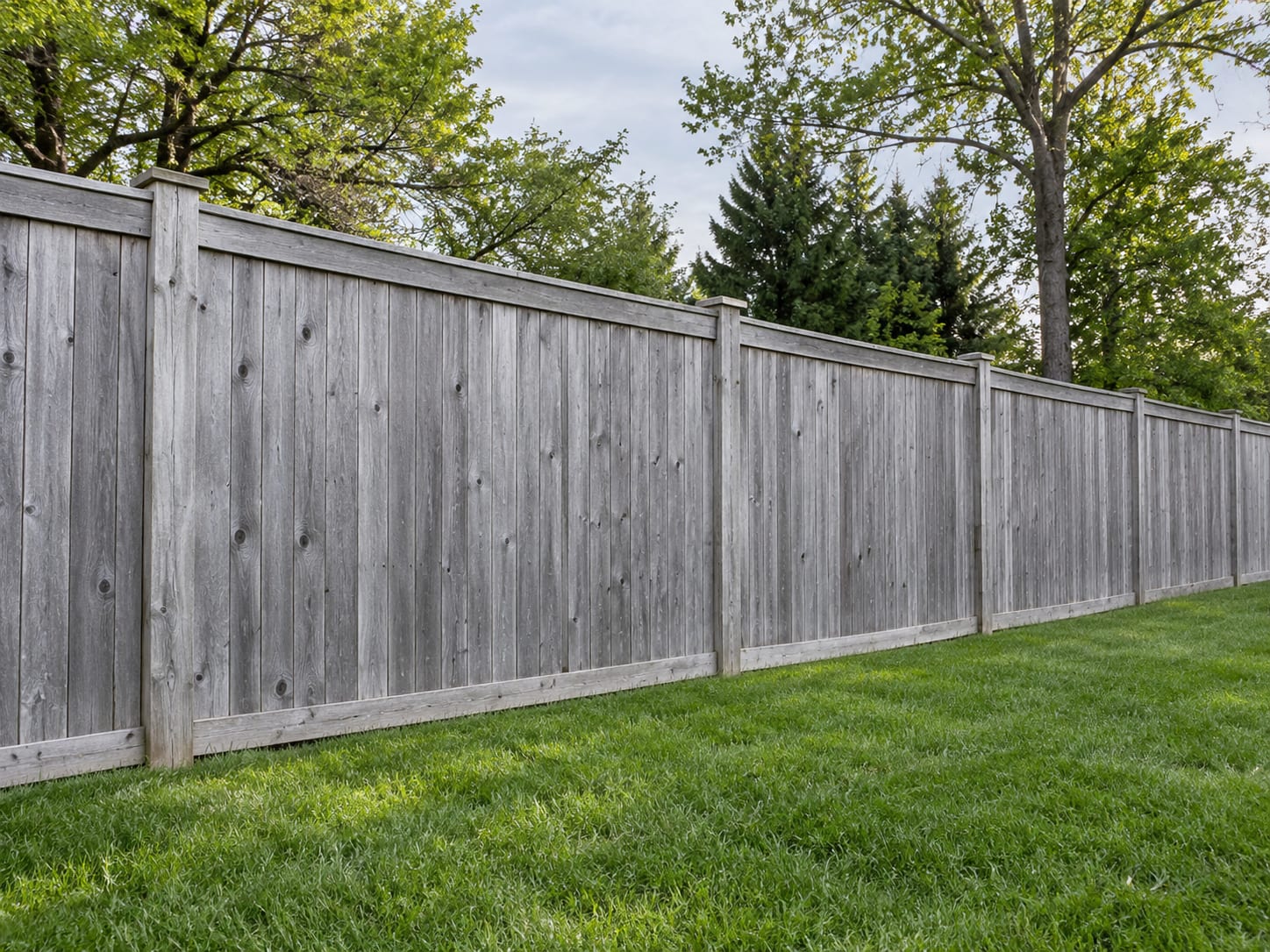 A cedar board fence weathered to a soft gray runs straight along the back of a lawn in western Connecticut.
