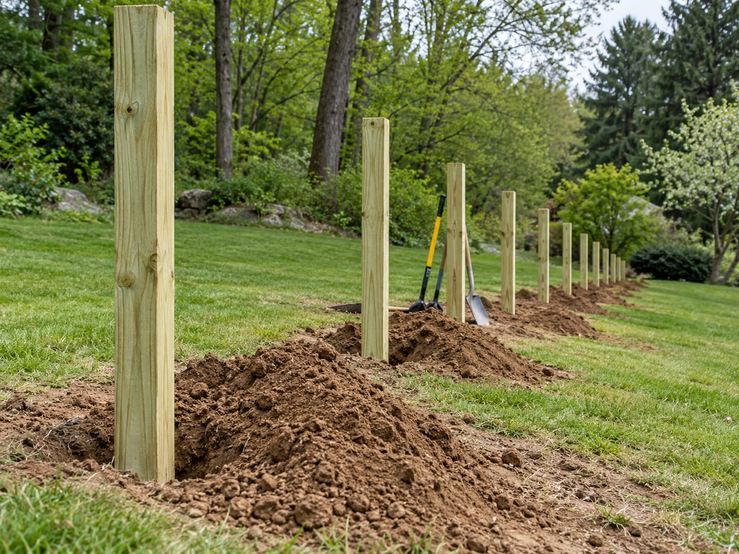 Newly set pressure-treated wood fence posts stand plumb in a straight line across a graded yard with tidy mounds of soil beside them.