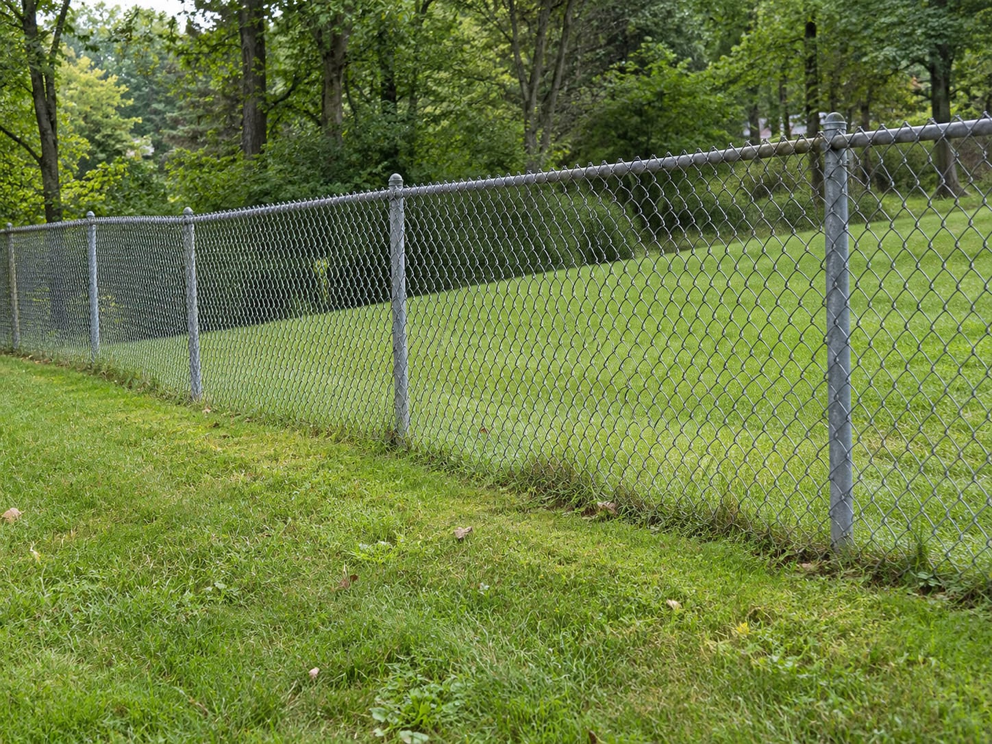 An older galvanized chain link fence with steel line posts and no privacy slats runs along a gently sloped yard in western Connecticut.
