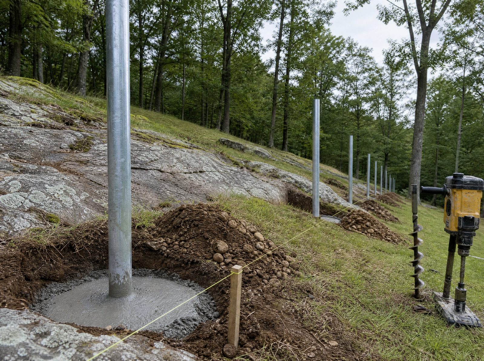Galvanized chain-link terminal and line posts standing plumb along a rocky sloping New Fairfield section with exposed grey ledge, a string line and no fabric hung yet