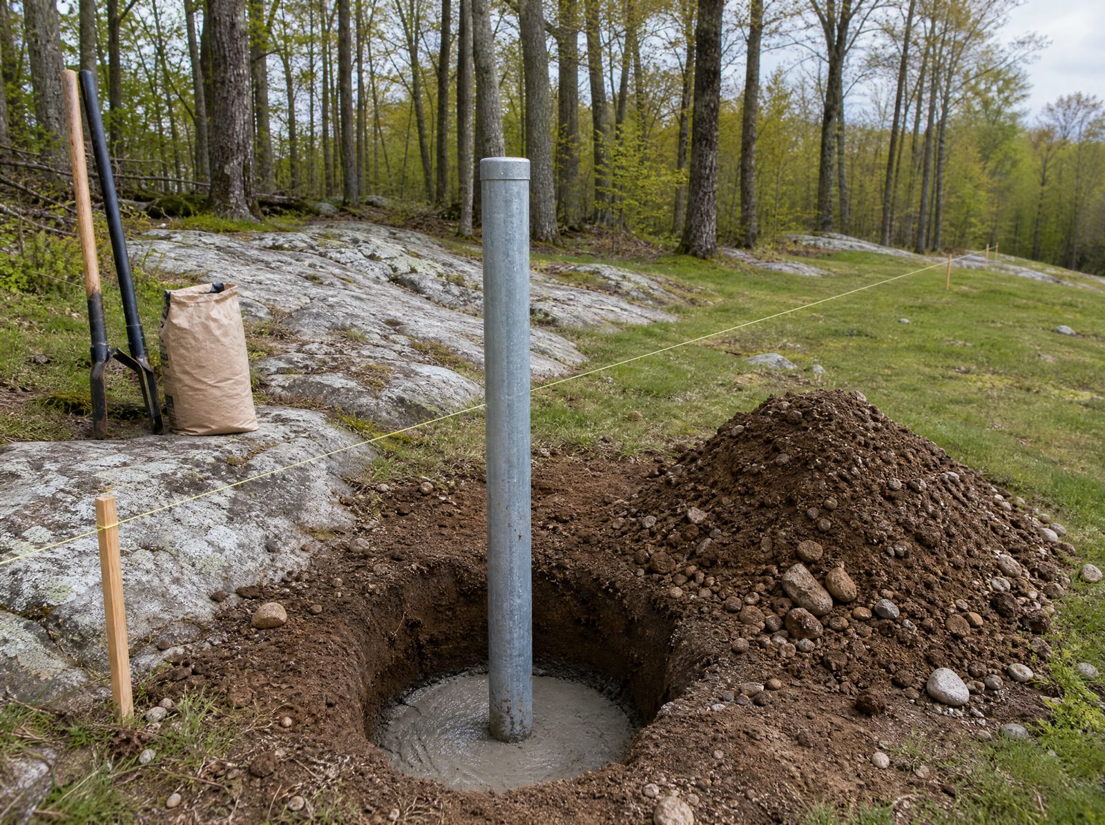 Galvanized chain-link terminal post standing plumb in a freshly dug hole with a fresh concrete collar and the staked fence line running behind it across rocky soil with no fabric hung yet