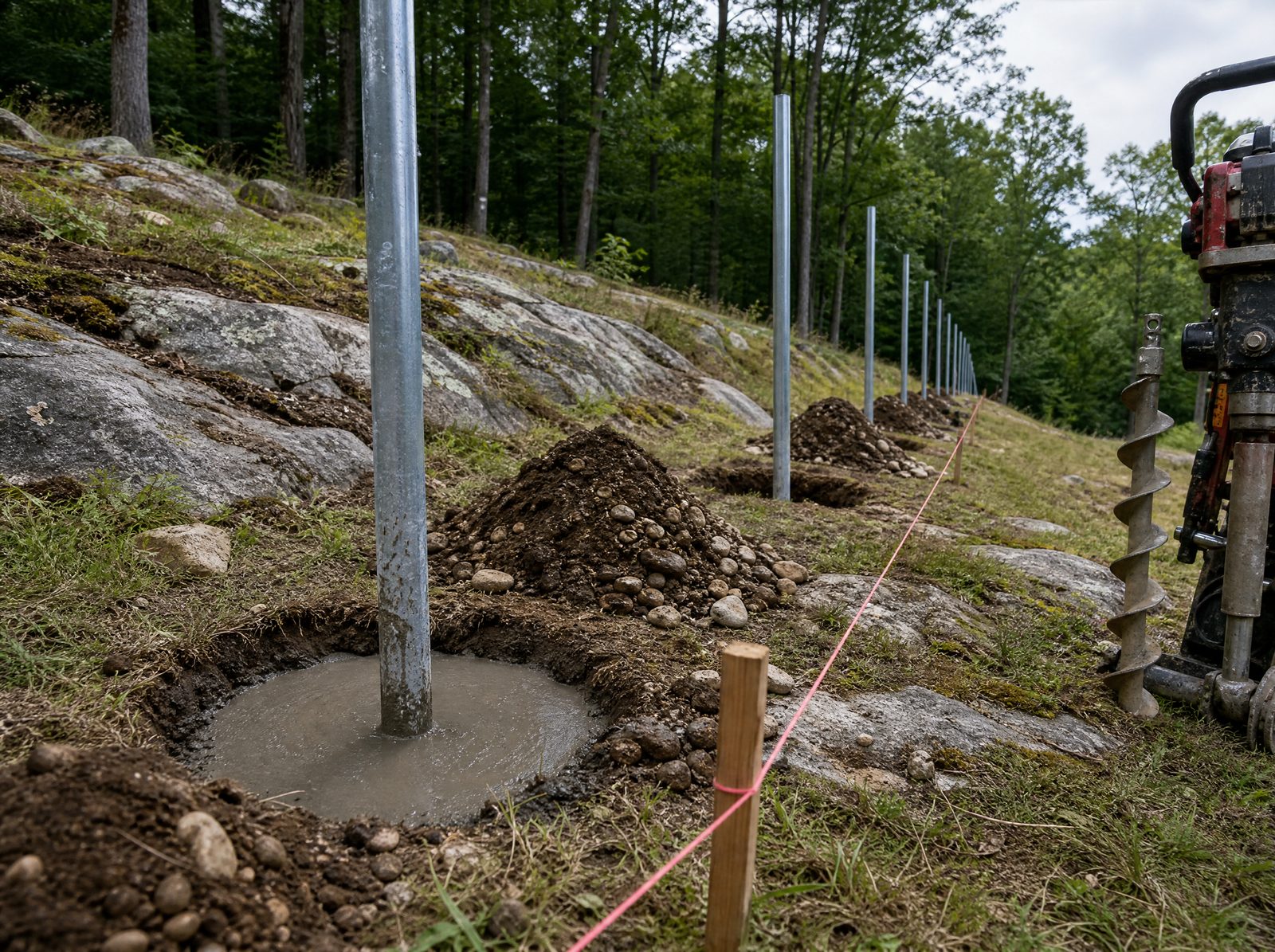 Bare galvanized chain link line posts standing plumb in freshly augered holes stepping down a rocky sloping Southbury lot with exposed ledge and no fabric hung yet