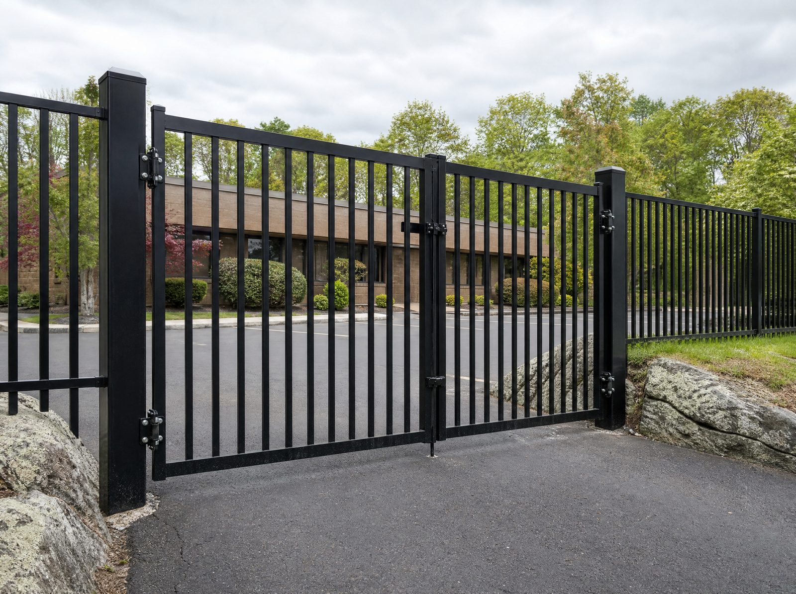 Closed black ornamental aluminum commercial double swing access gate at a business entrance on heavy reinforced posts with the same five foot fence continuing either side