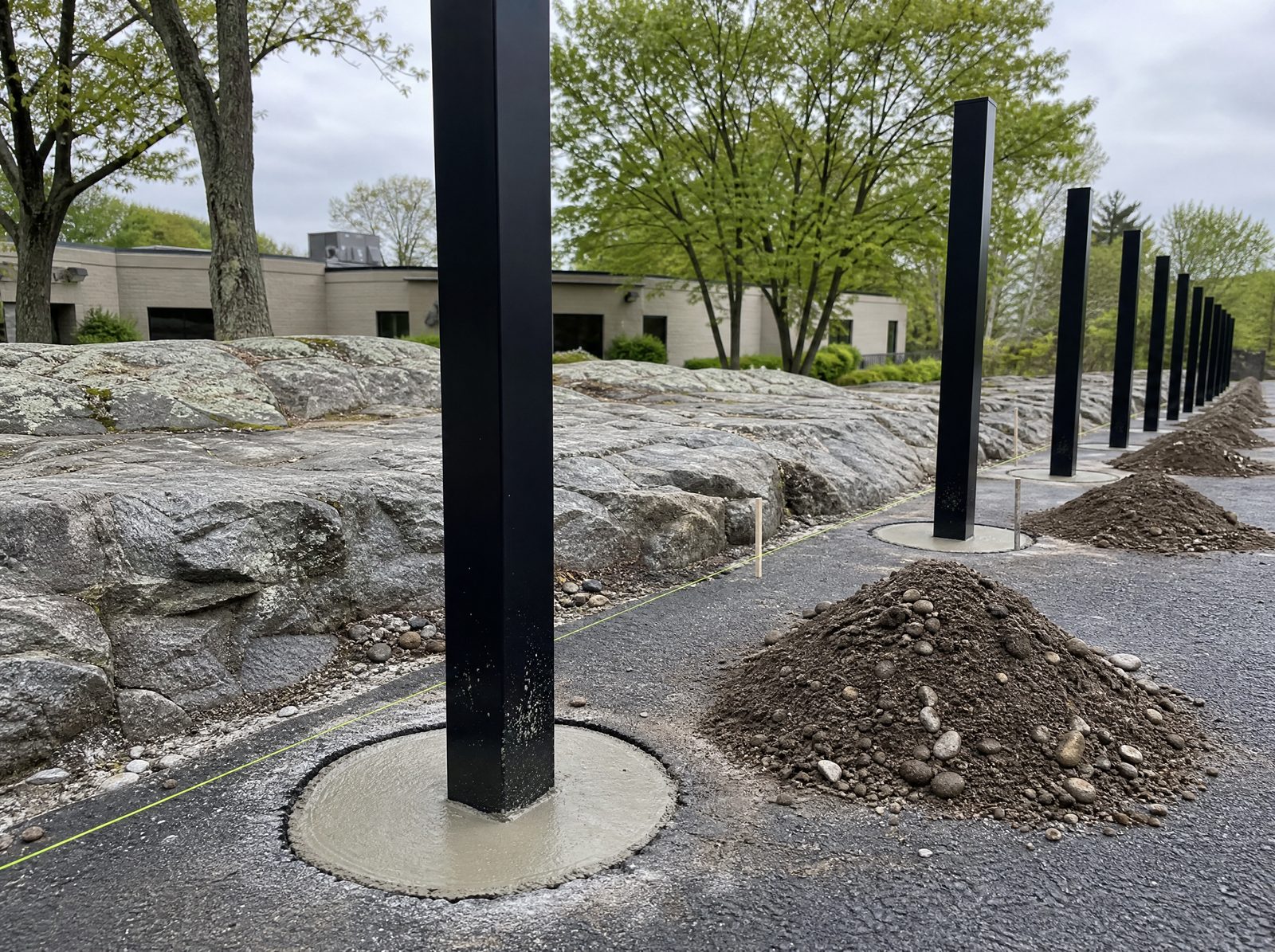 Black square commercial fence posts set plumb in deep concrete footings on a rocky New Fairfield commercial lot with a pavement sawcut running around the post line and no panels hung yet