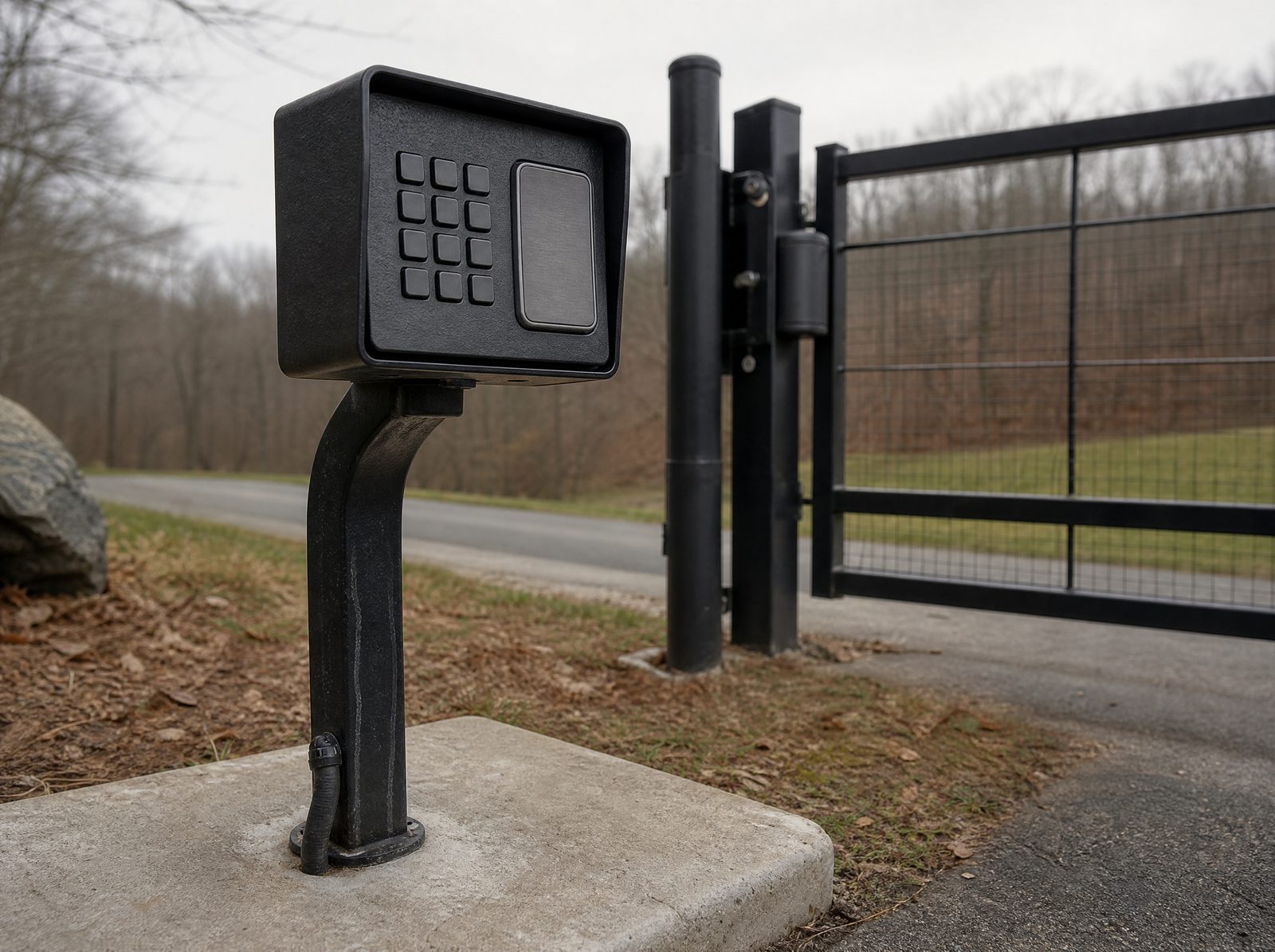 Close view of a commercial access-control keypad on a pedestal beside a closed gate at a rural Sherman business entrance with no readable text on the device