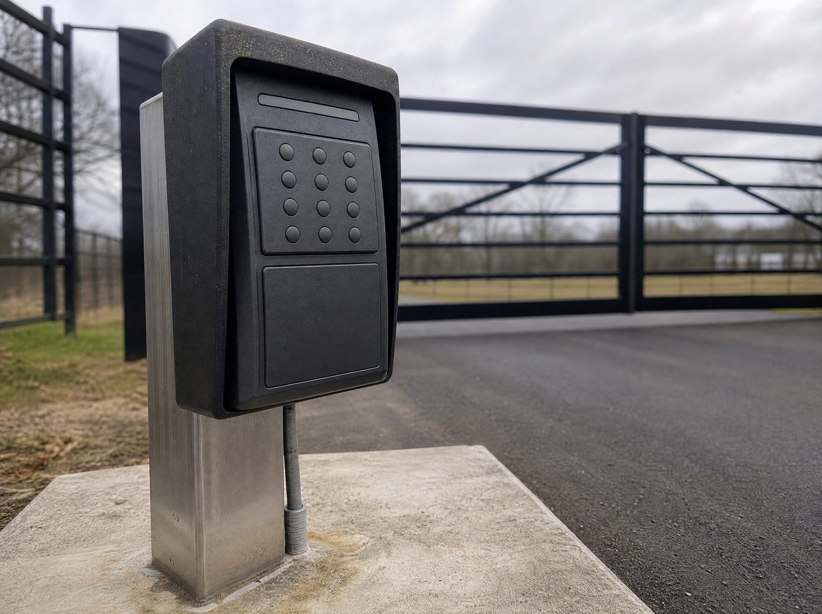 Close view of a commercial access-control keypad and card reader on a short freestanding steel pedestal beside a closed metal gate at a Southbury business entrance with no hands and no readable markings