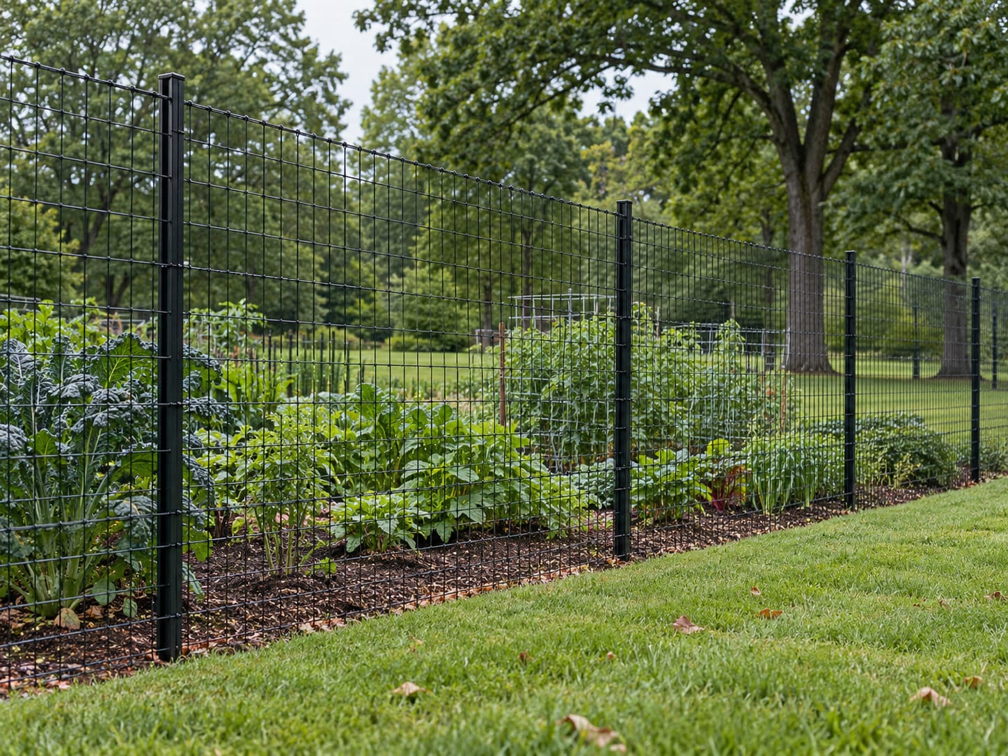 A tall black woven-wire fence running straight along the edge of a vegetable garden beside a mown lawn and mature oak trees in western Connecticut.