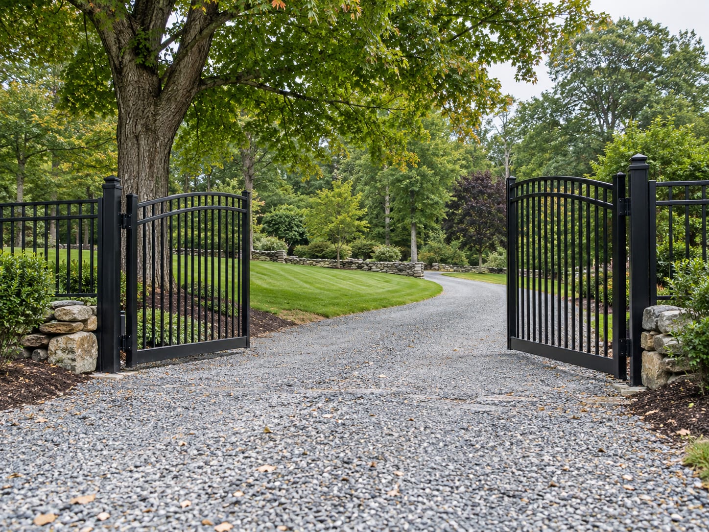 A black aluminum double swing gate standing open at the end of a gravel driveway, with a level lawn on one side and a mature maple beside the entrance in western Connecticut.