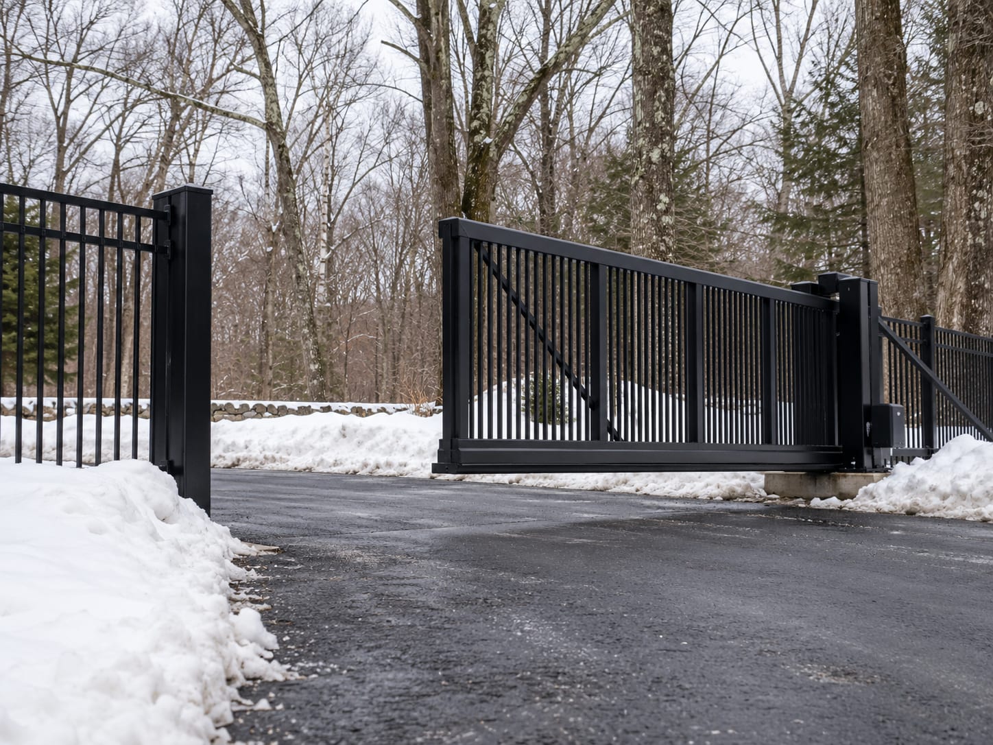A black steel cantilever slide gate standing open beside a paved driveway, with a plowed snowbank along the edge of the pavement and bare maple trees behind it in western Connecticut.
