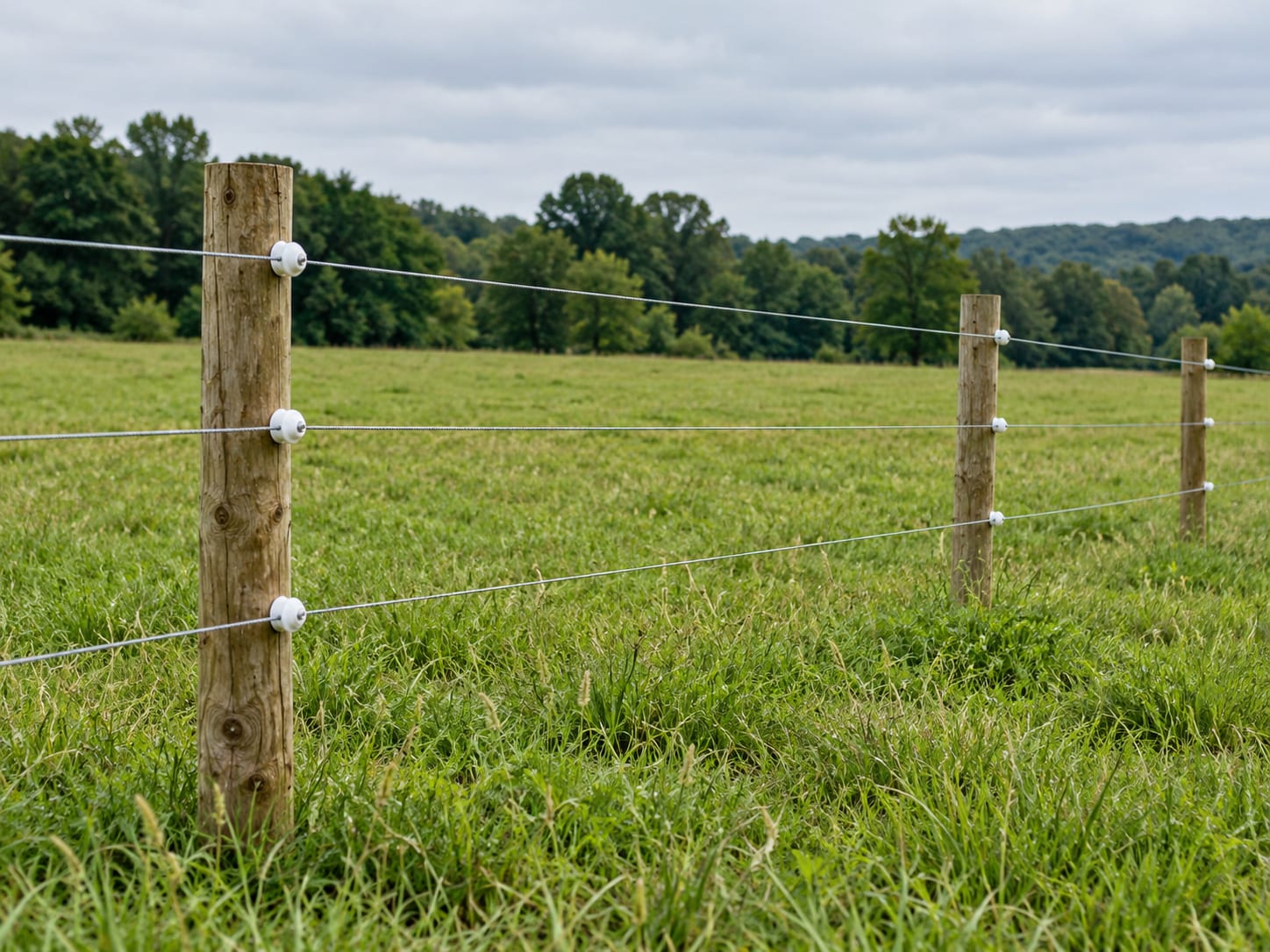 Three strands of high-tensile wire with white insulators on round wooden posts crossing an open grass pasture in western Connecticut.
