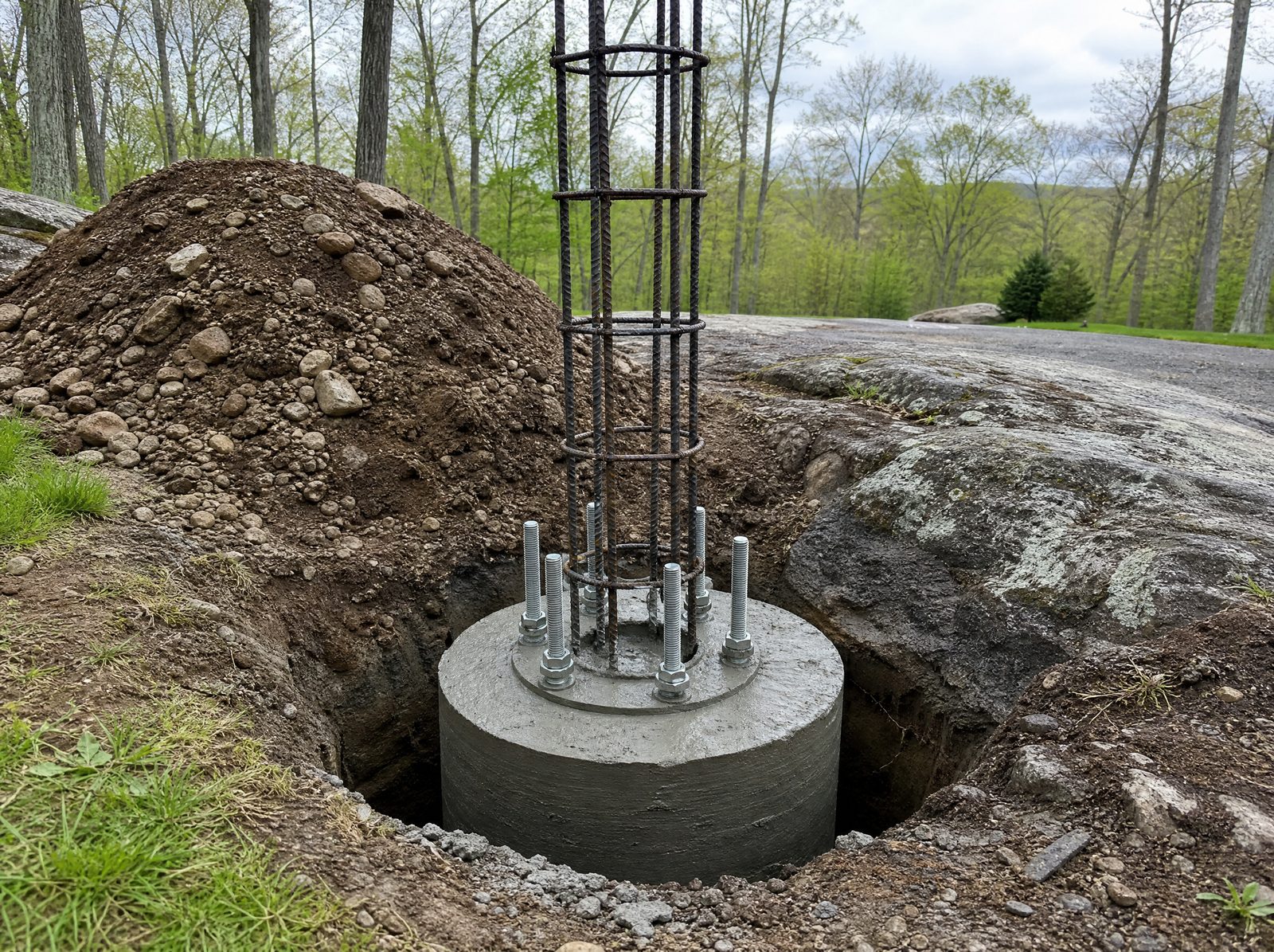 Deep concrete pier footing set for a gate hinge post on rocky New Fairfield ground with a steel rebar cage and anchor bolts standing up and no gate leaf hung yet