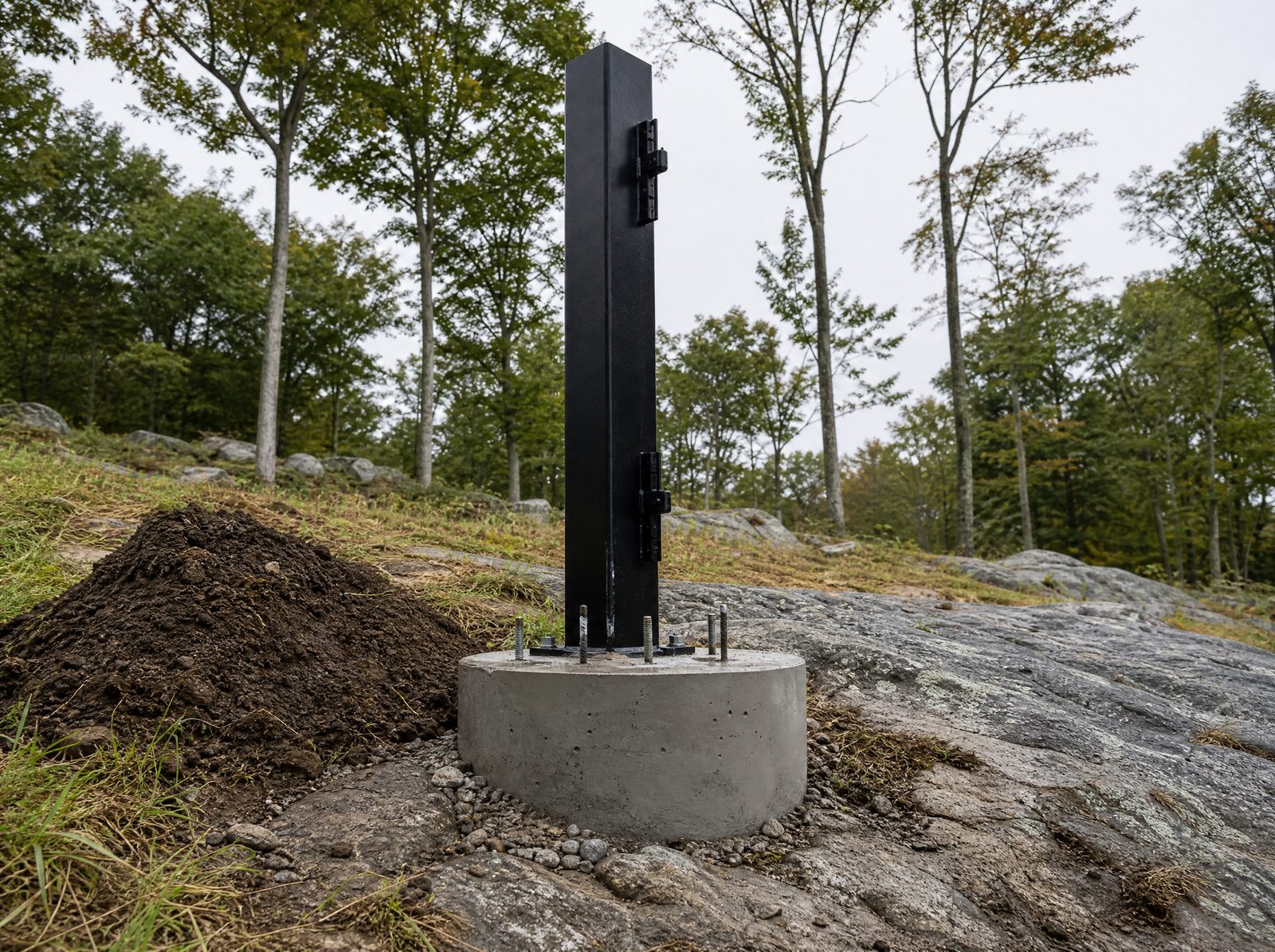 Heavy black steel gate hinge post standing plumb in a deep poured concrete foundation on rocky Sherman ground with exposed ledge, anchor bolts and rebar visible, no gate leaf hung yet
