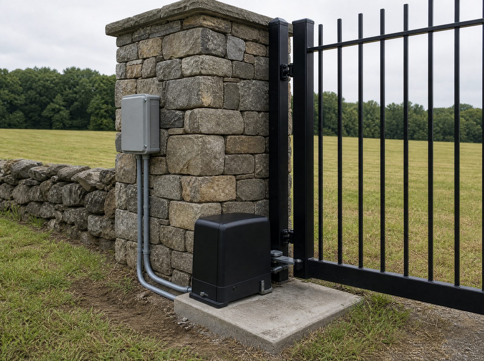 Dry-laid stone column and a black swing gate operator at a rural Southbury estate entrance, electrical conduit routed out of the column base, the closed black gate leaf held still beside it