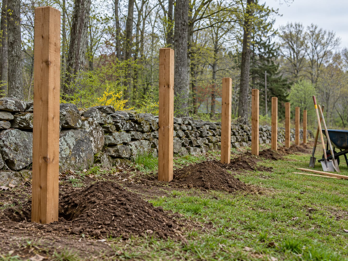 A straight row of freshly set cedar posts standing plumb in undisturbed soil a few feet behind a low dry-stacked stone wall, with tidy mounds of soil beside the post bases.