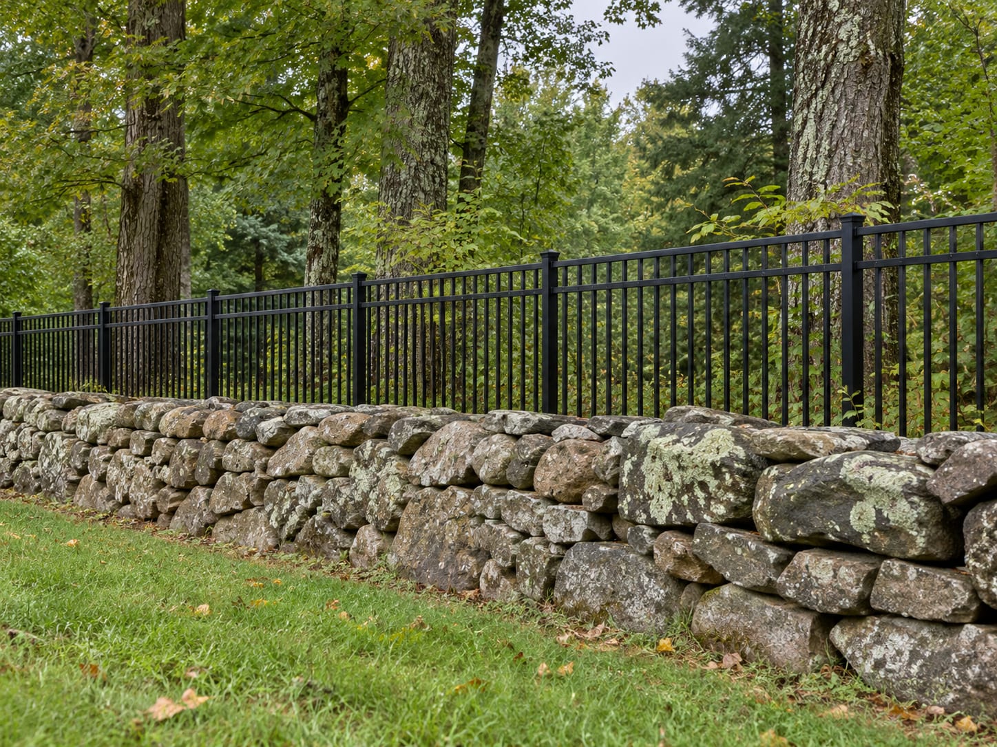 A weathered dry-stacked fieldstone wall running along the edge of a wooded rural lot, with a black aluminum fence standing a few feet behind it on level ground in western Connecticut.