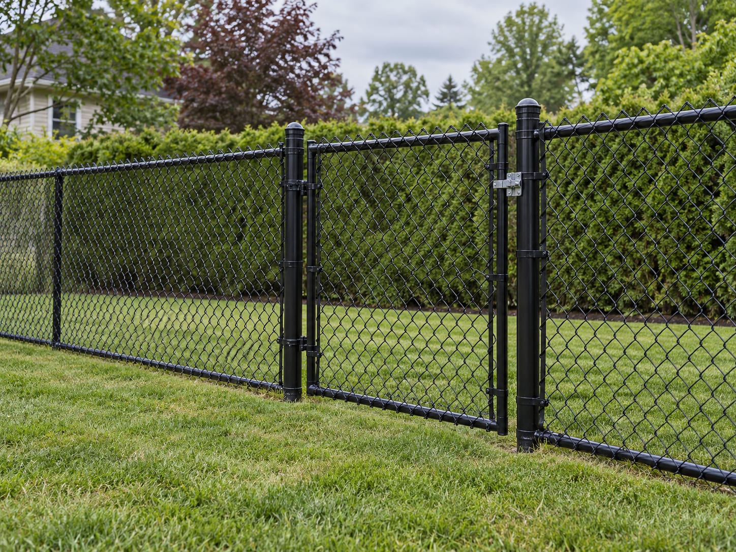 A short level run of black vinyl-coated chain-link fence with a single walk gate along the side of a mown suburban lawn in western Connecticut.