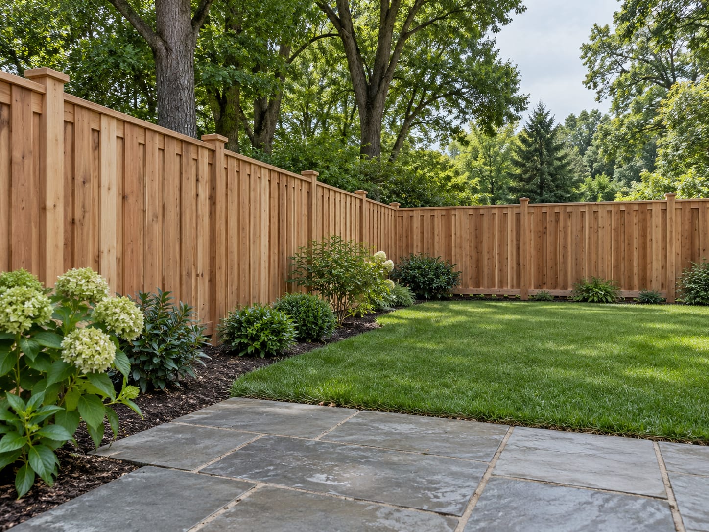 A six-foot board-on-board cedar privacy fence turning two corners around the back edge of a patio and lawn in a western Connecticut yard.