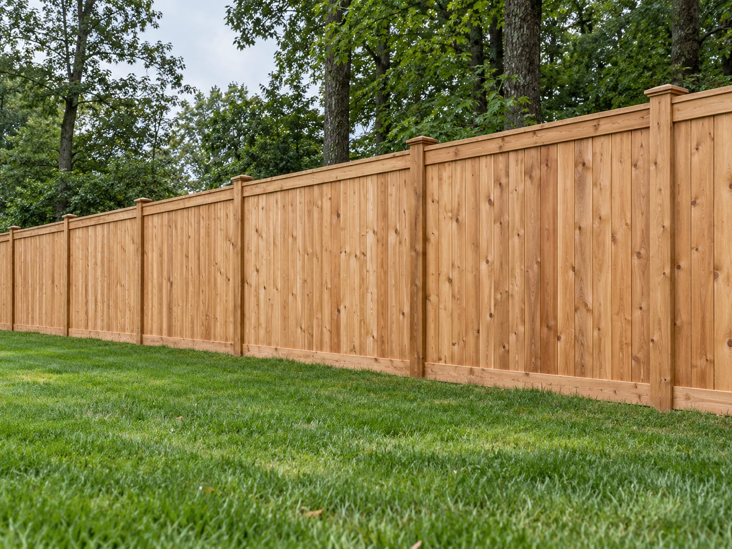 A six-foot cedar privacy fence running straight along the rear property line of a level backyard in western Connecticut, with a mown lawn on one side.
