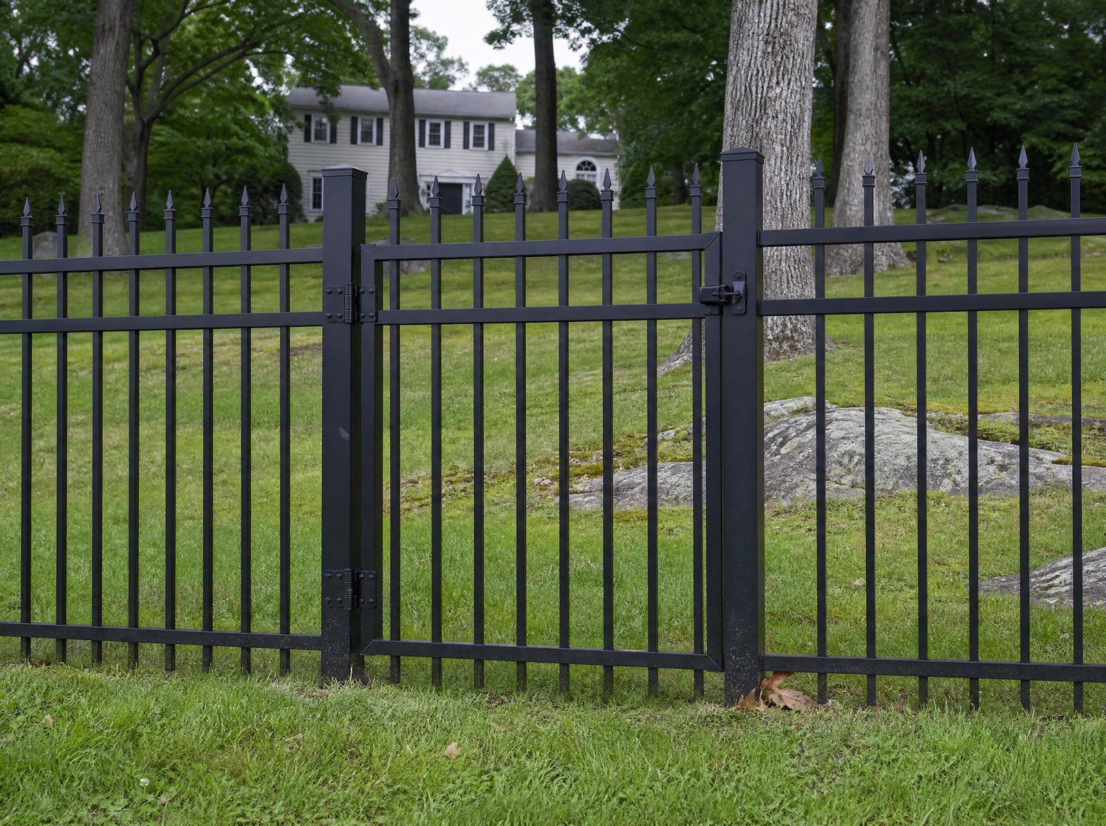 Four foot black aluminum fence with a matching closed walk gate hung square on a front property boundary