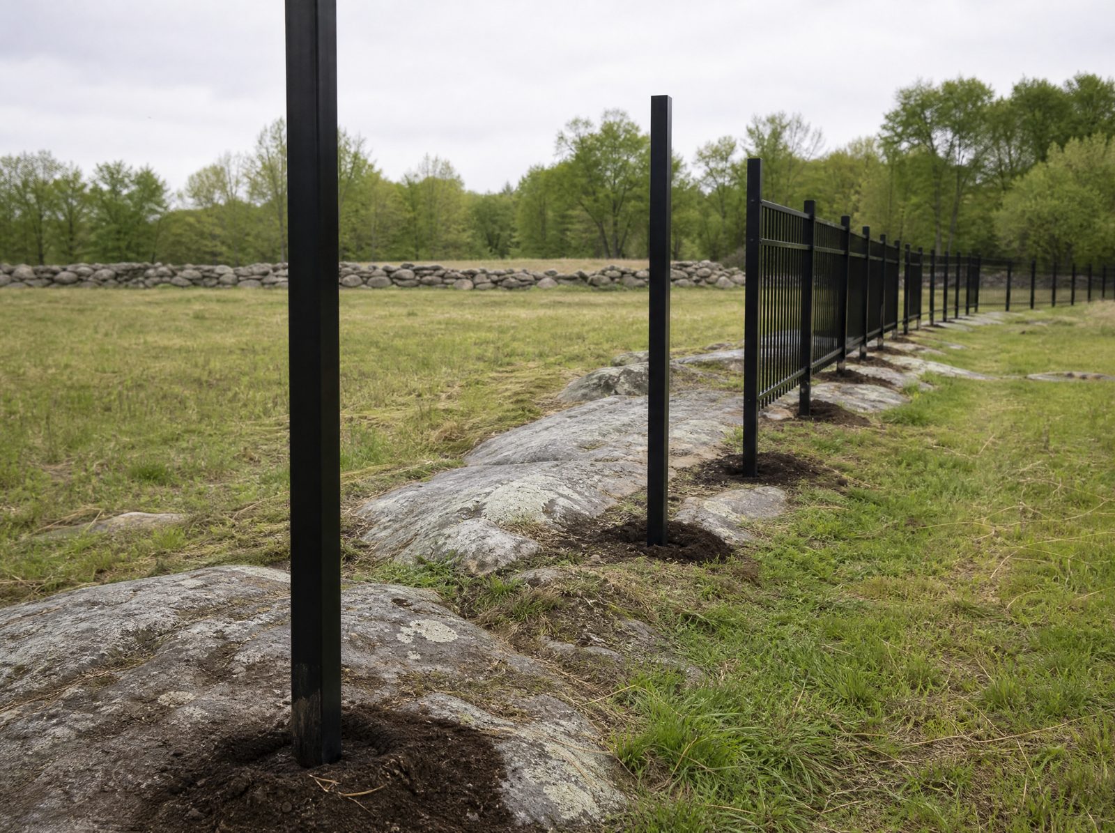 Freshly set black aluminum fence posts in a straight line along a rocky pasture edge with panels partly installed