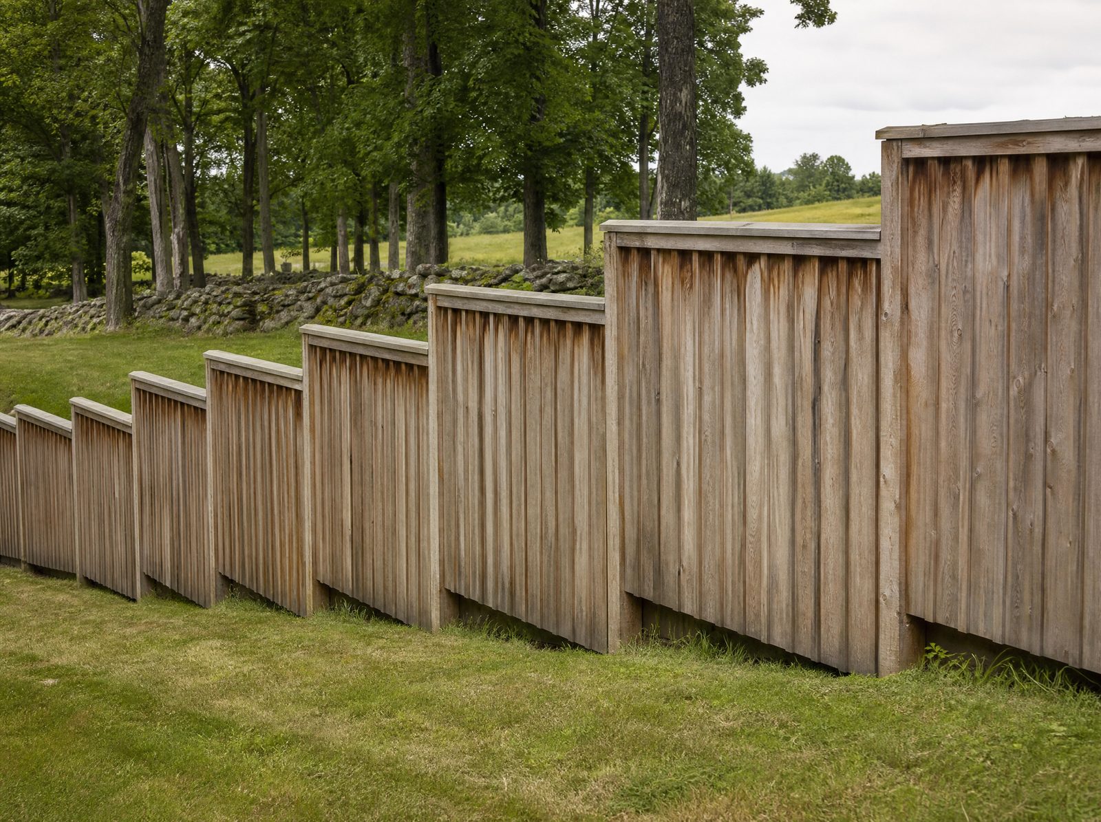 Six foot wood privacy fence stepping down a sloped backyard toward an old fieldstone wall at the tree line