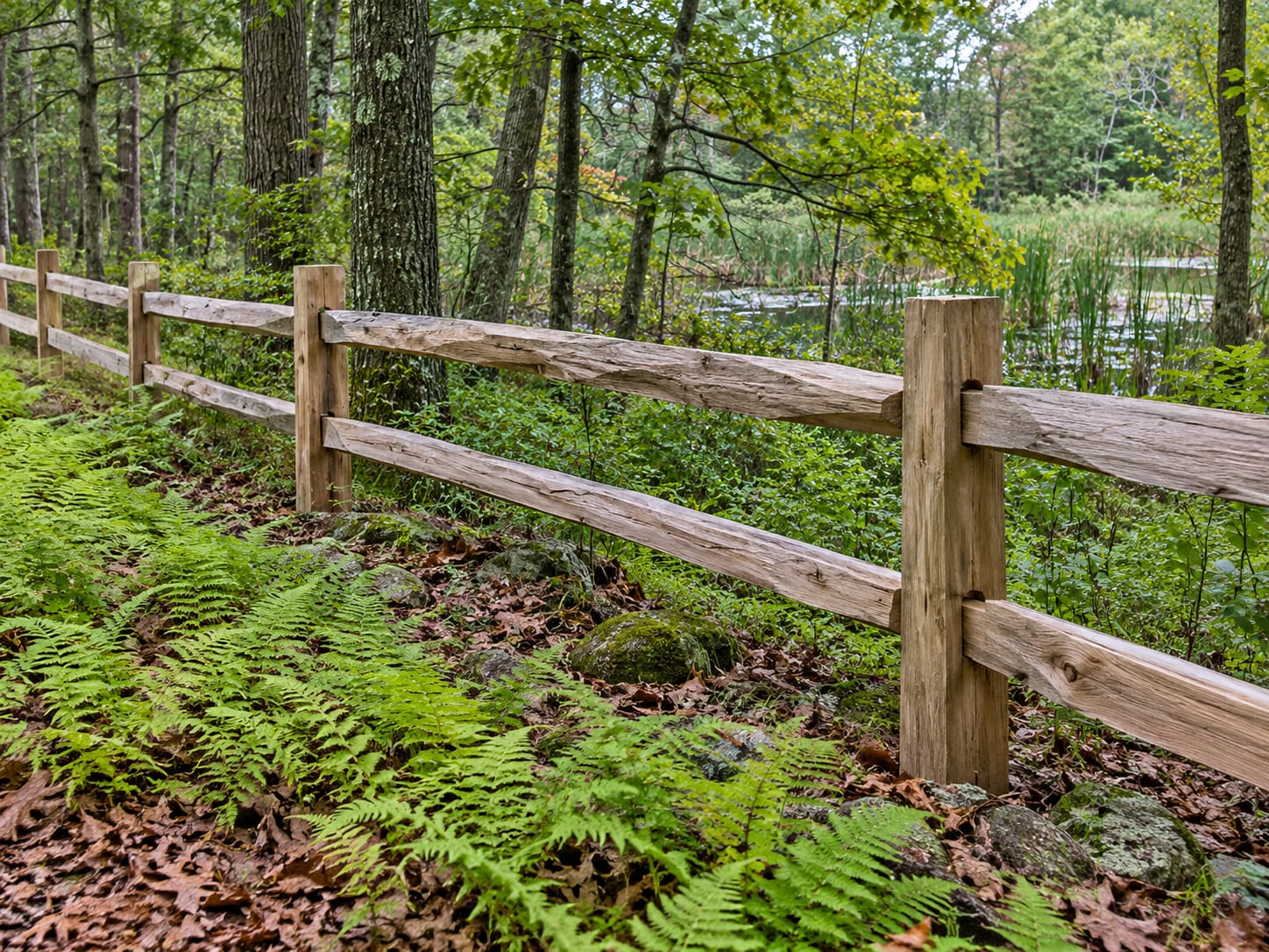 A split-rail wood fence following the dry upland edge of a small wooded wetland, with ferns and leaf litter on the ground beside the posts in western Connecticut.