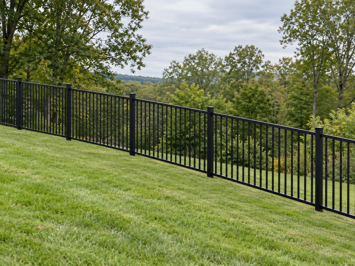 A black aluminum fence angled down a gentle lawn slope with the top rail following the ground and the posts standing plumb in western Connecticut.