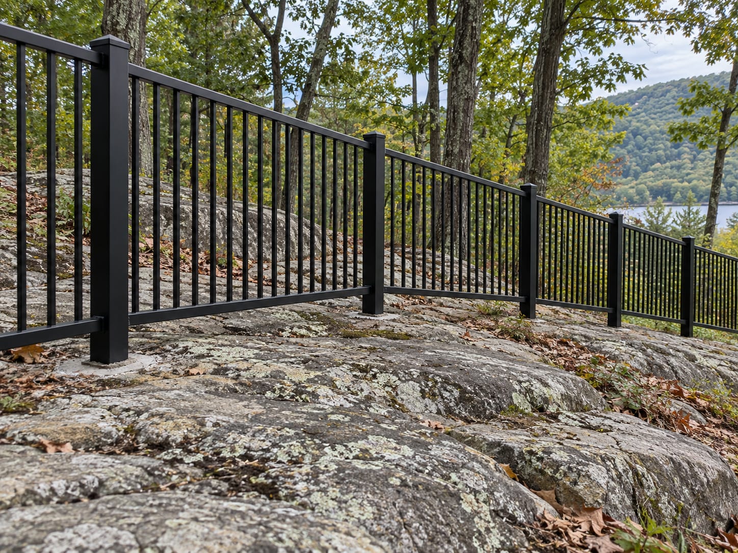 A row of black aluminum fence posts standing plumb in drilled holes in a gray bedrock outcrop on a wooded western Connecticut hillside.