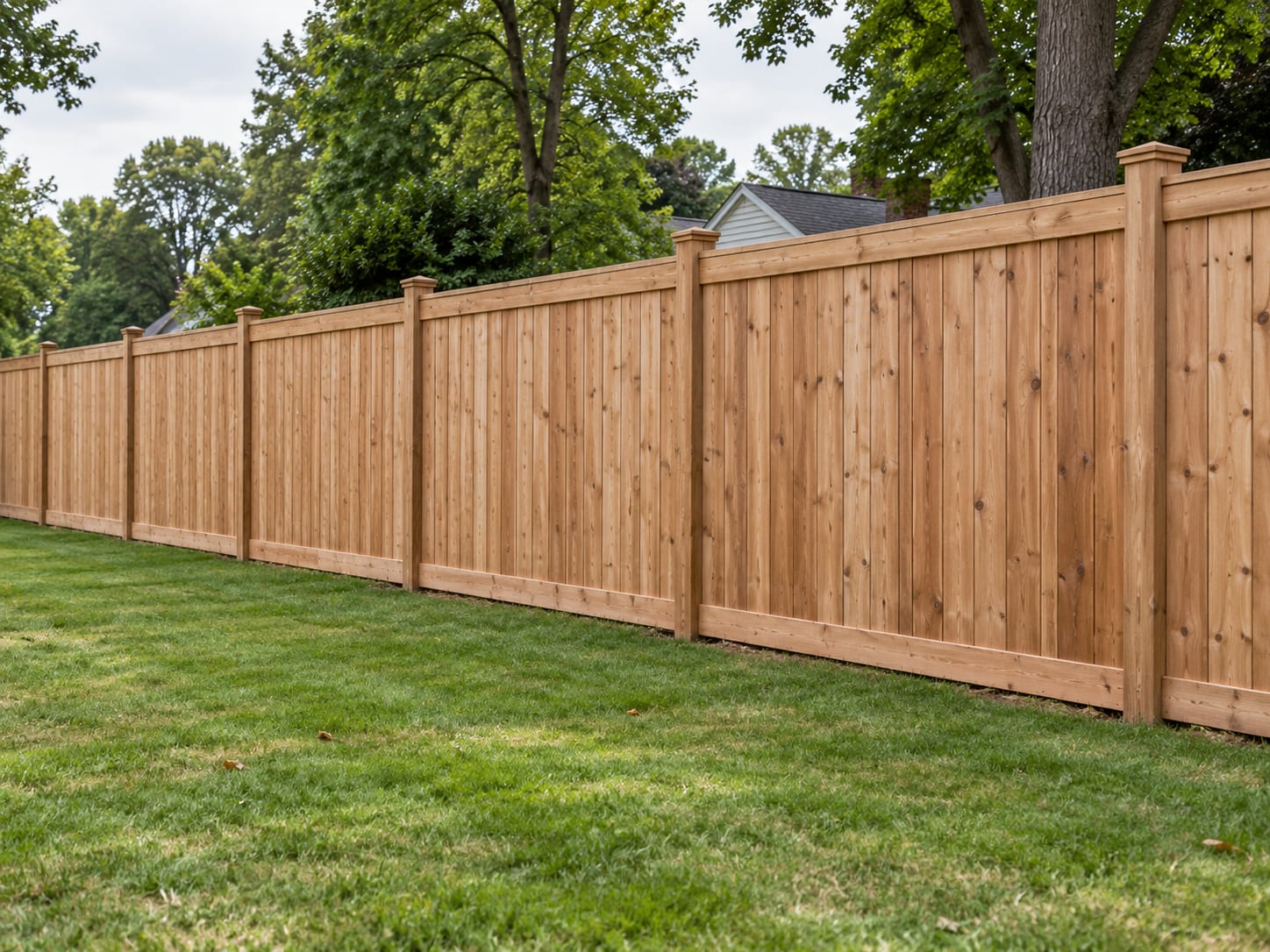 A straight run of six-foot wood privacy fence along a side lot line beside a level lawn in a western Connecticut suburb.