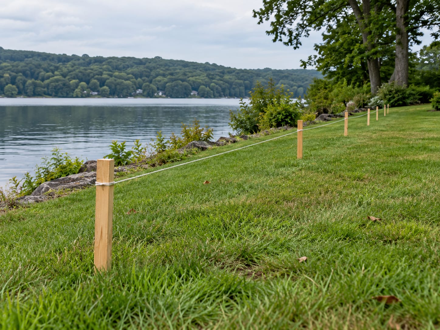 A row of wooden stakes and string marking a fence line along a lawn edge near a lake shoreline in western Connecticut.