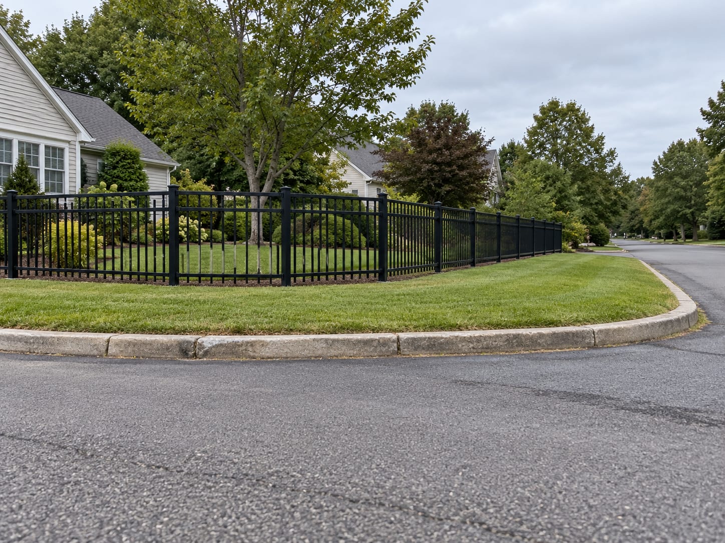 A low black aluminum fence on a residential corner lot where two quiet streets meet, set back from the curb with a clear view down both roads.