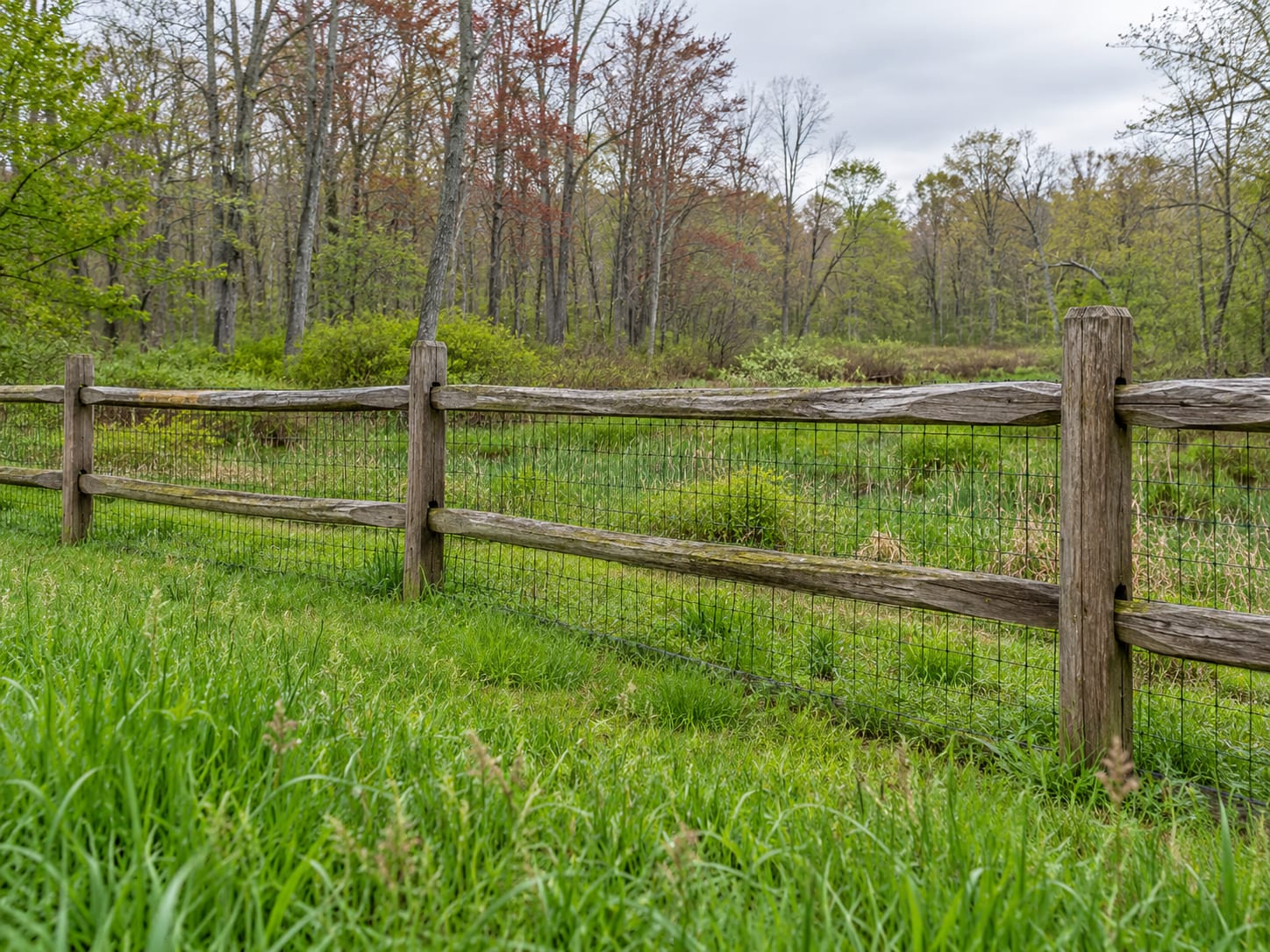 A split rail fence with wire mesh running along the edge of a wooded wetland meadow in western Connecticut.