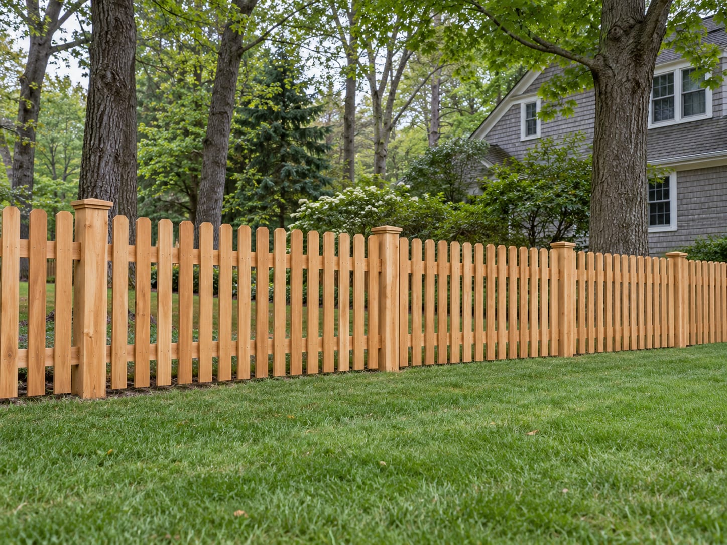 A cedar picket fence set back along the side yard of a wide wooded residential lot in western Connecticut.