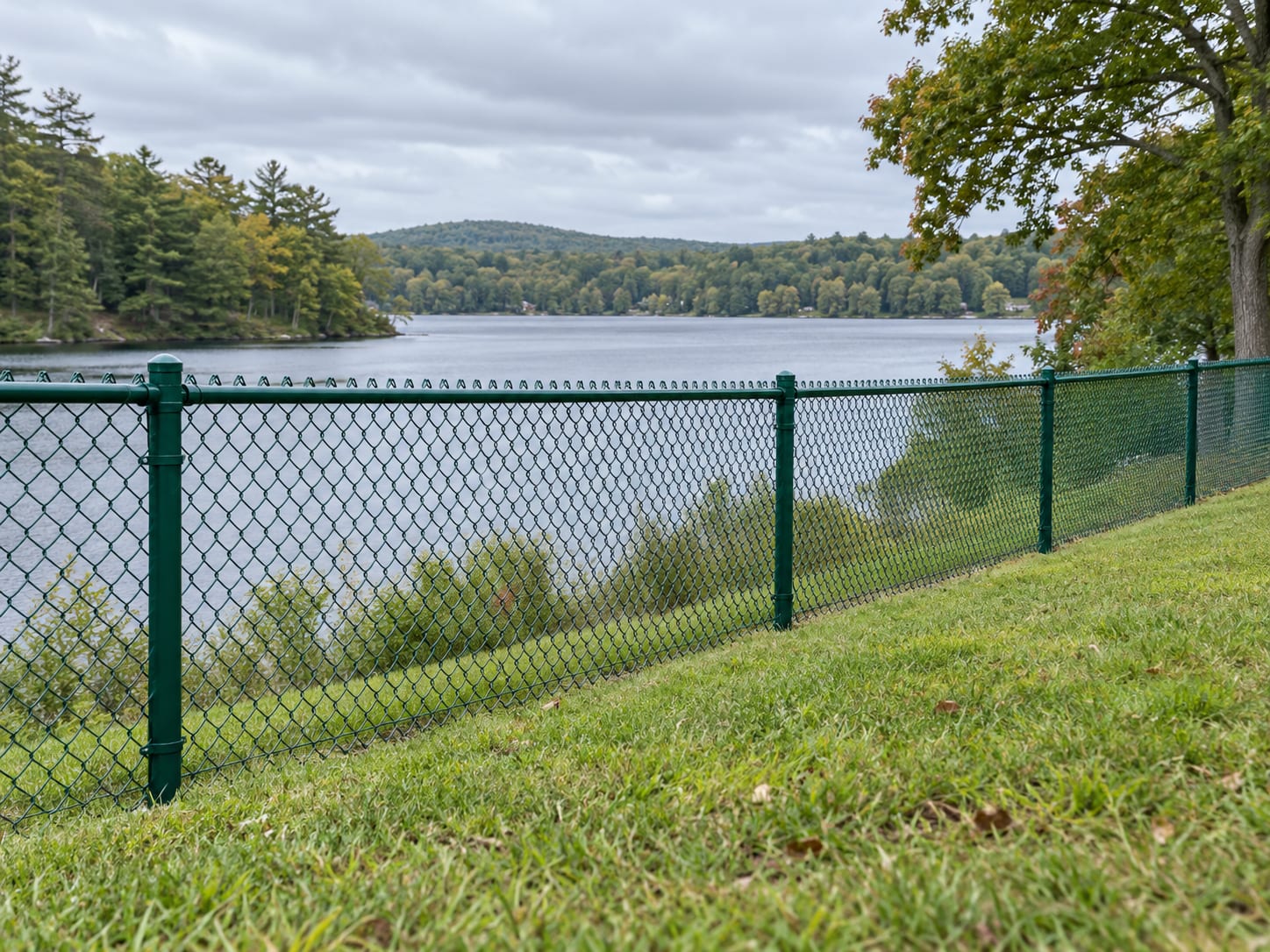 A green vinyl-coated chain link fence running along the top of a grassy slope above a small lake in western Connecticut.