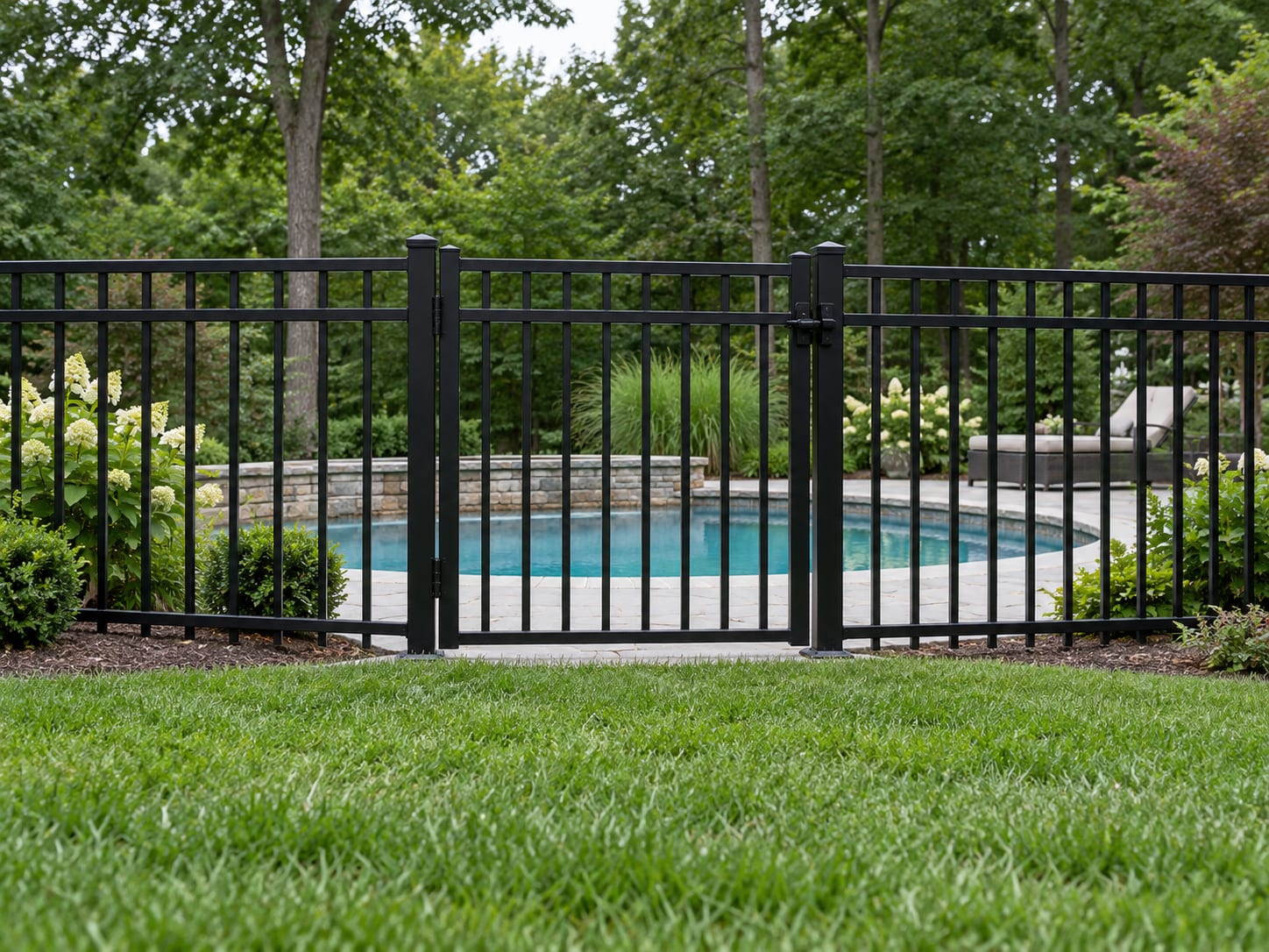 A black aluminum fence with a closed self-latching gate around a backyard pool, seen from a low angle in a western Connecticut yard.