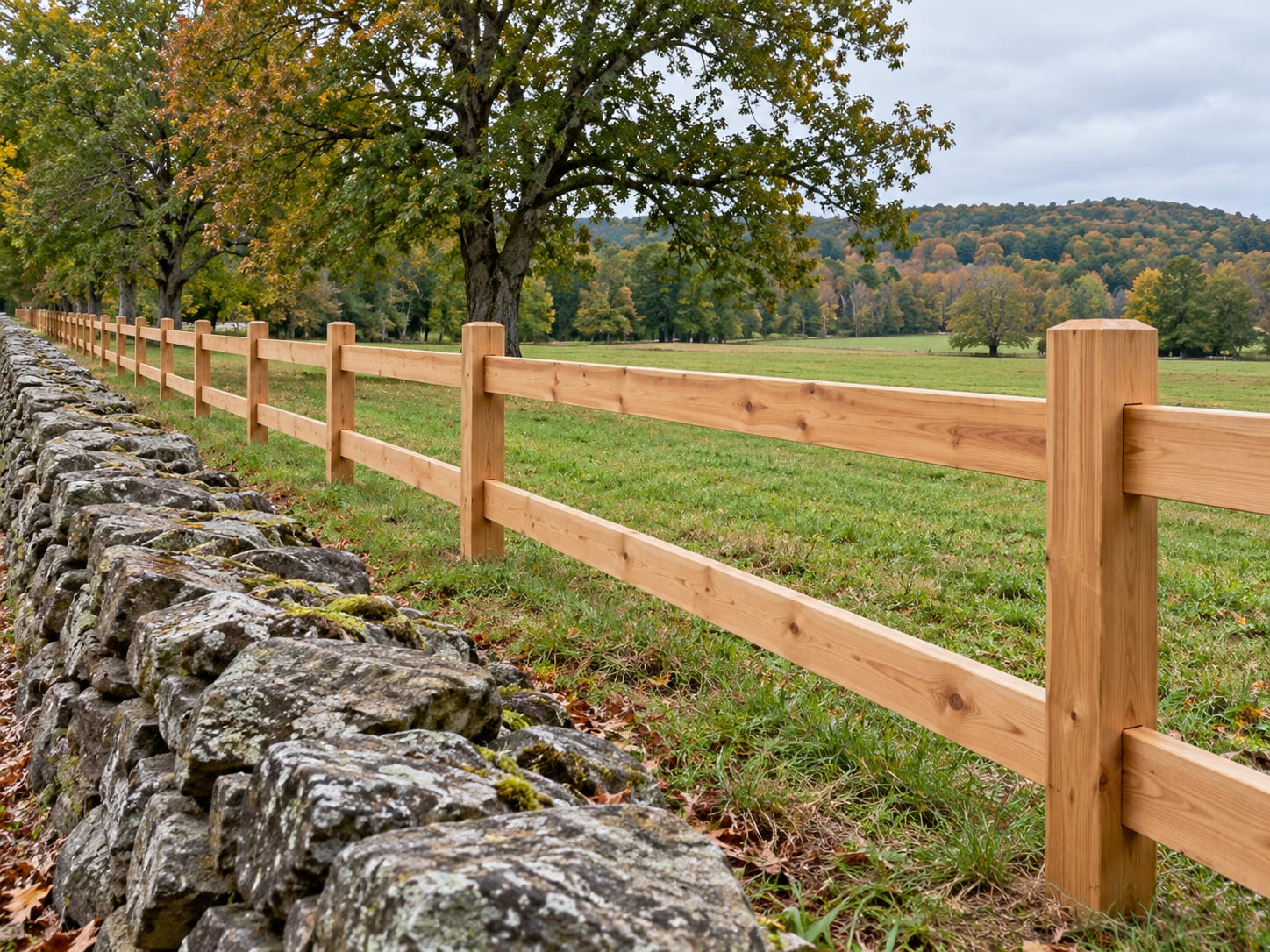 A cedar post and rail fence running along a rural property line beside an old stone wall in western Connecticut.