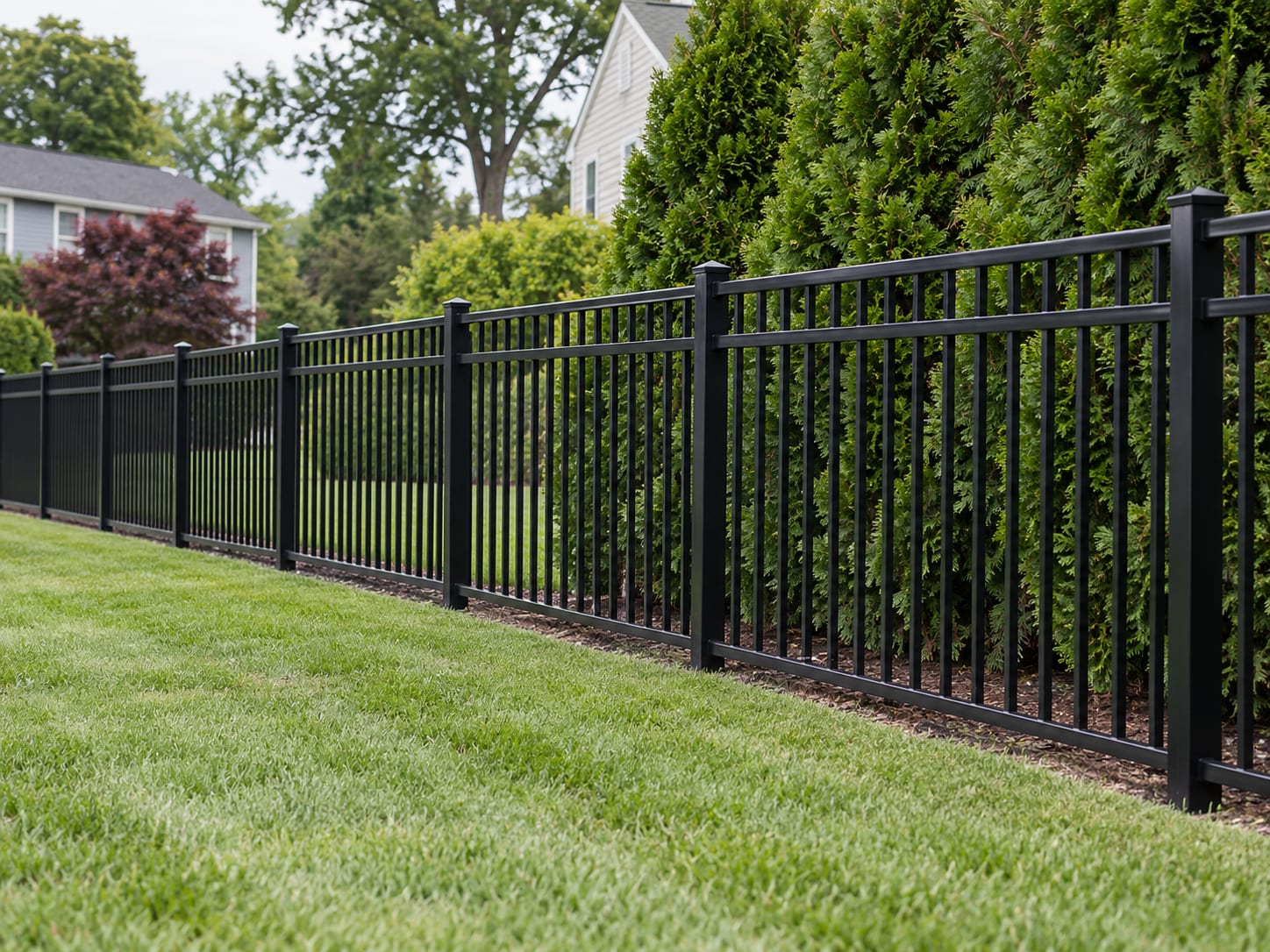 A black aluminum fence running straight along the boundary between two neighboring lawns, with a mature hedge on one side.